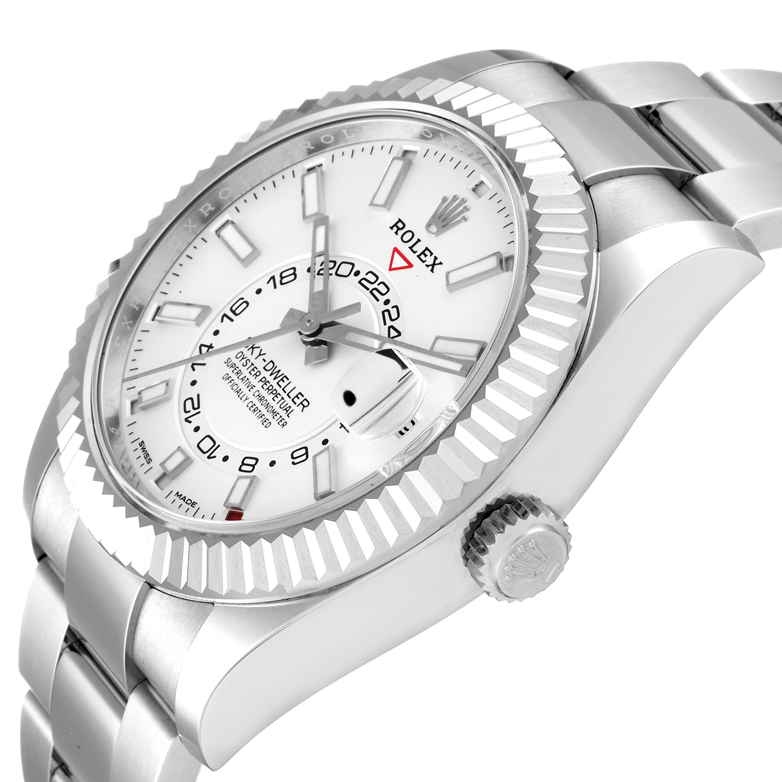 This image shows a side angle of a Rolex Sky-Dweller 326934 Men's Stainless Steel White Dial 326934 Men's Stainless Steel White Dial watch, highlighting its dial, bezel, bracelet, and crown.