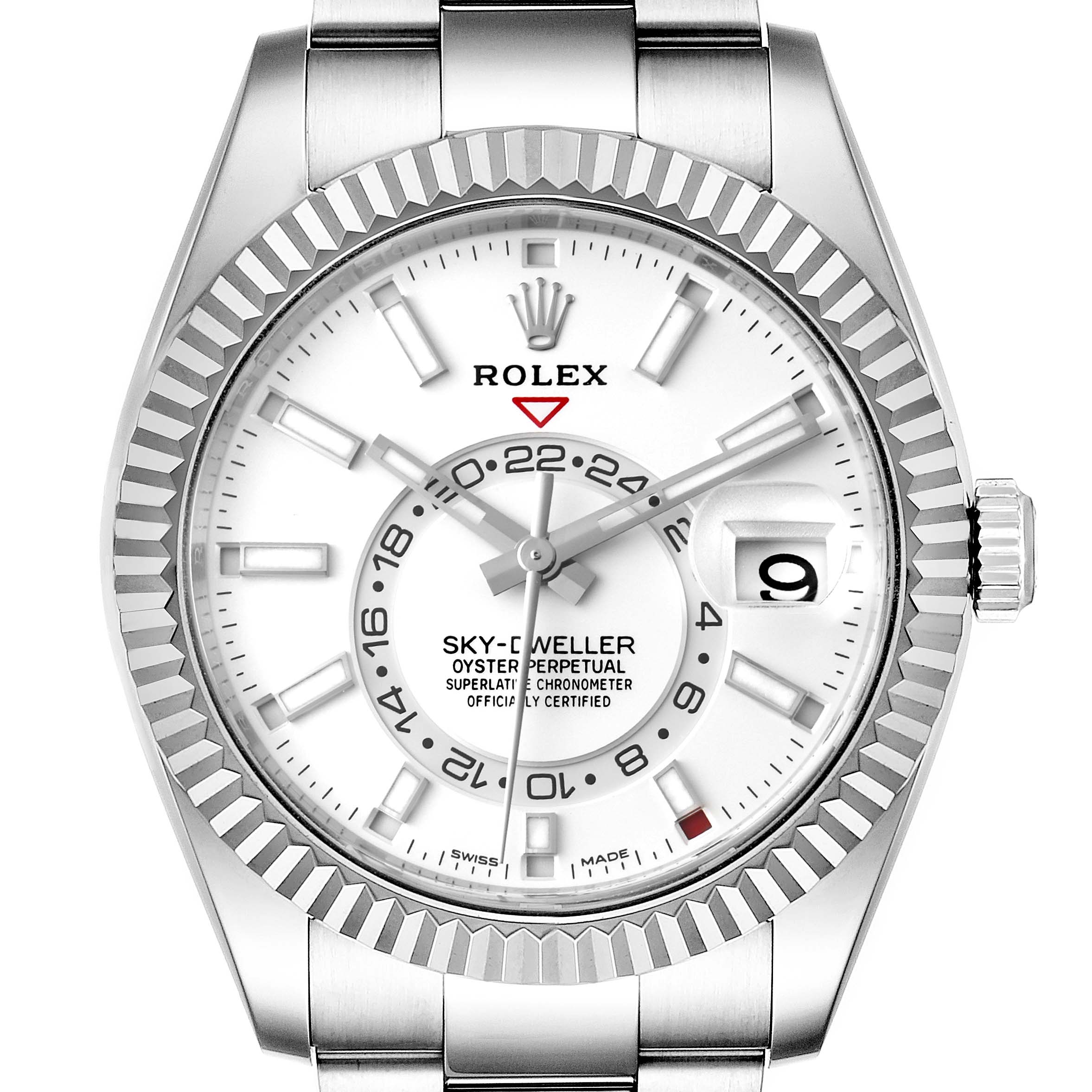 The image shows a Rolex Sky-Dweller 326934 Men's Stainless Steel White Dial 326934 Men's Stainless Steel White Dial watch from a front angle, highlighting the dial, bezel, crown, and part of the bracelet.