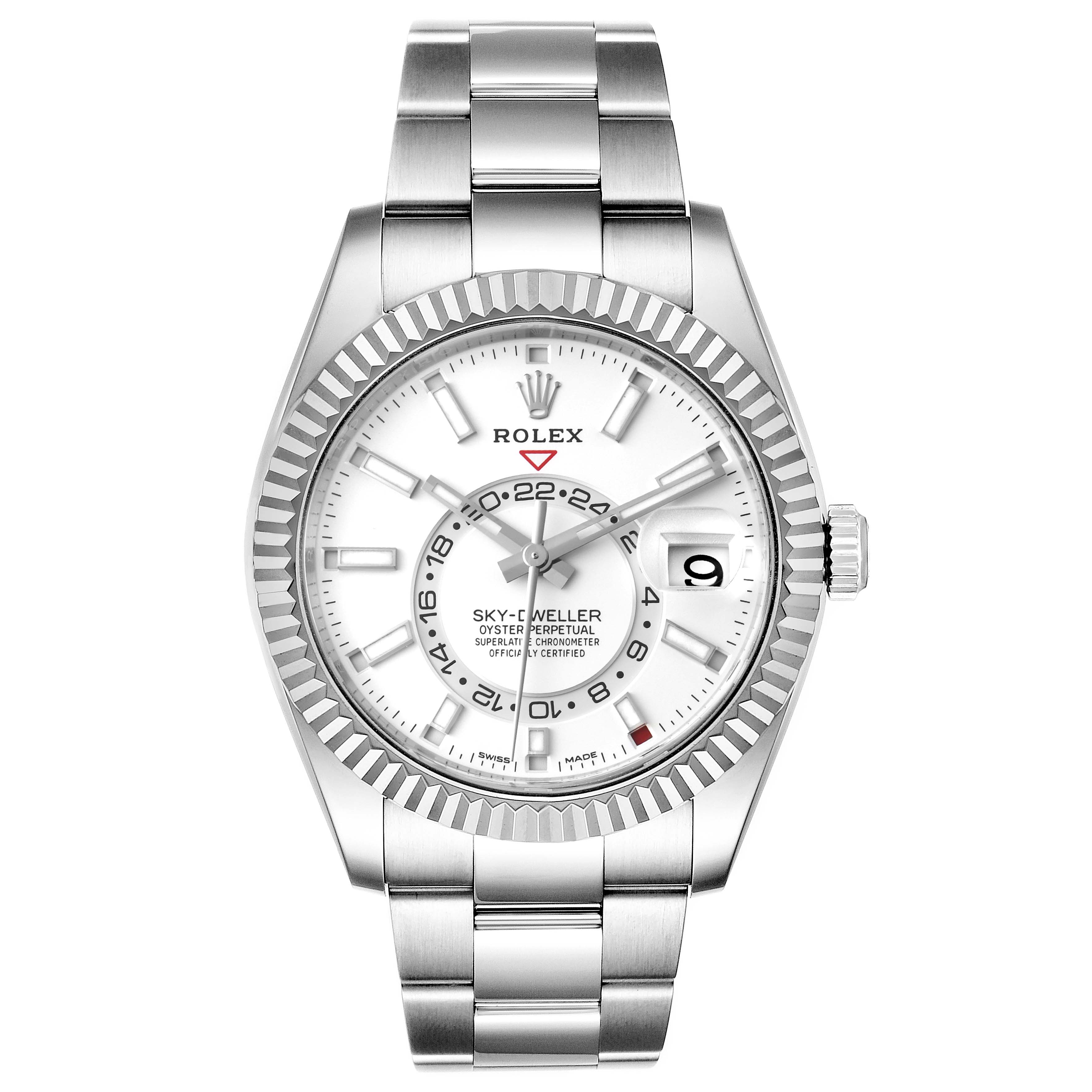 The Rolex Sky-Dweller 326934 Men's Stainless Steel White Dial 326934 Men's Stainless Steel White Dial watch is shown from the front, featuring its dial, bezel, bracelet, and crown.