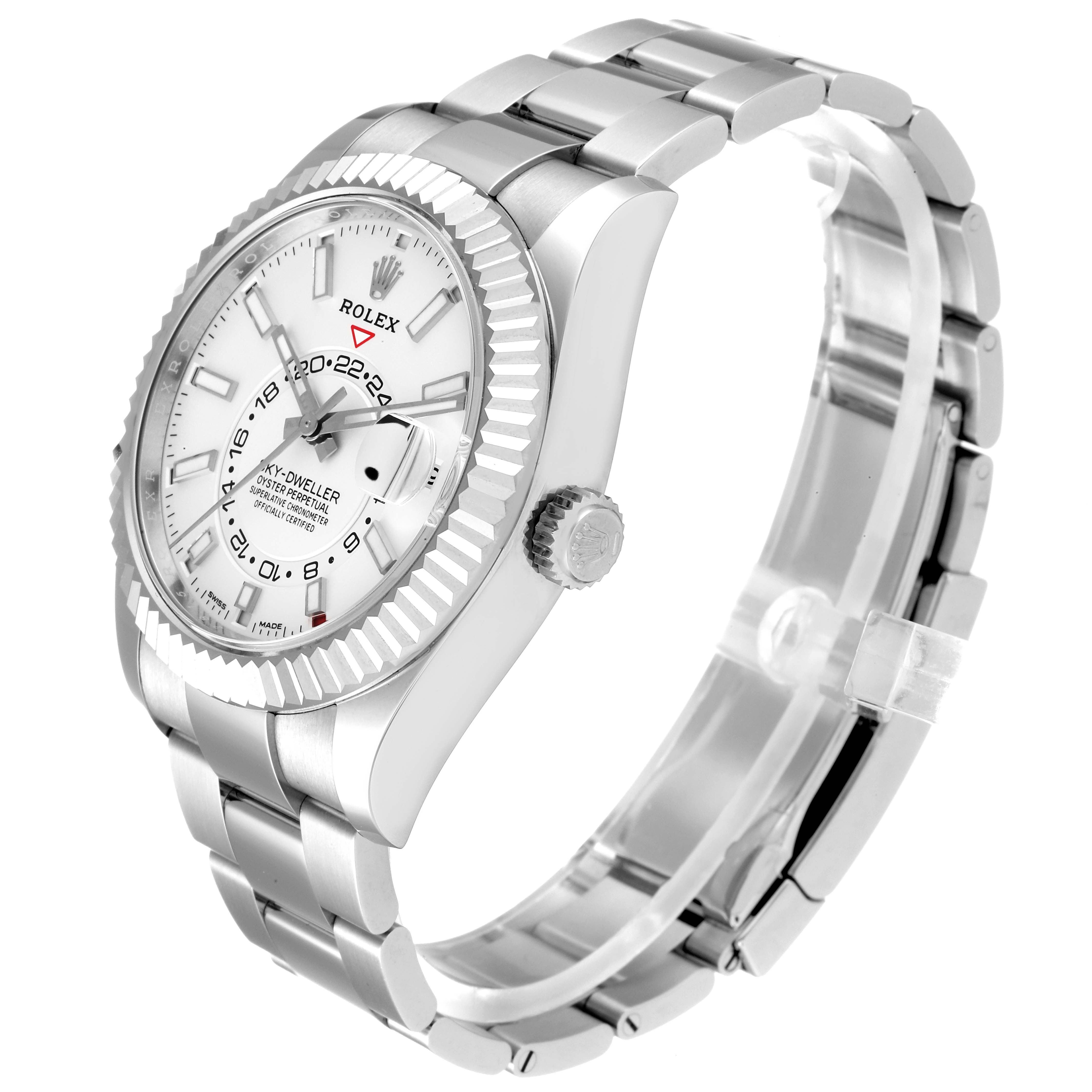The image shows a side angle view of the Rolex Sky-Dweller 326934 Men's Stainless Steel White Dial 326934 Men's Stainless Steel White Dial, highlighting the watch face, bezel, crown, and the metal bracelet.