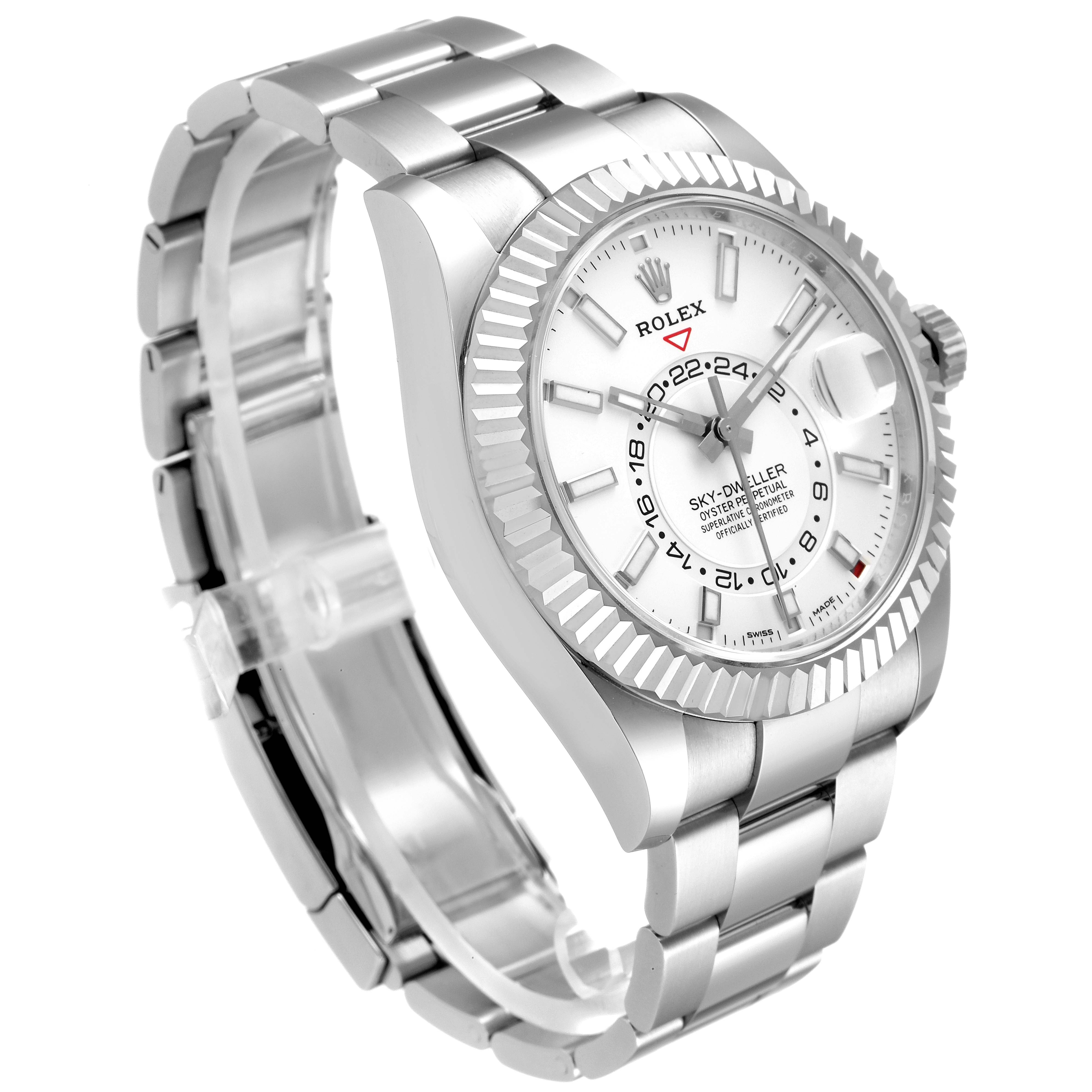 This image shows a Rolex Sky-Dweller 326934 Men's Stainless Steel White Dial 326934 Men's Stainless Steel White Dial watch angled from the front-left, highlighting the dial, bezel, and part of the bracelet.