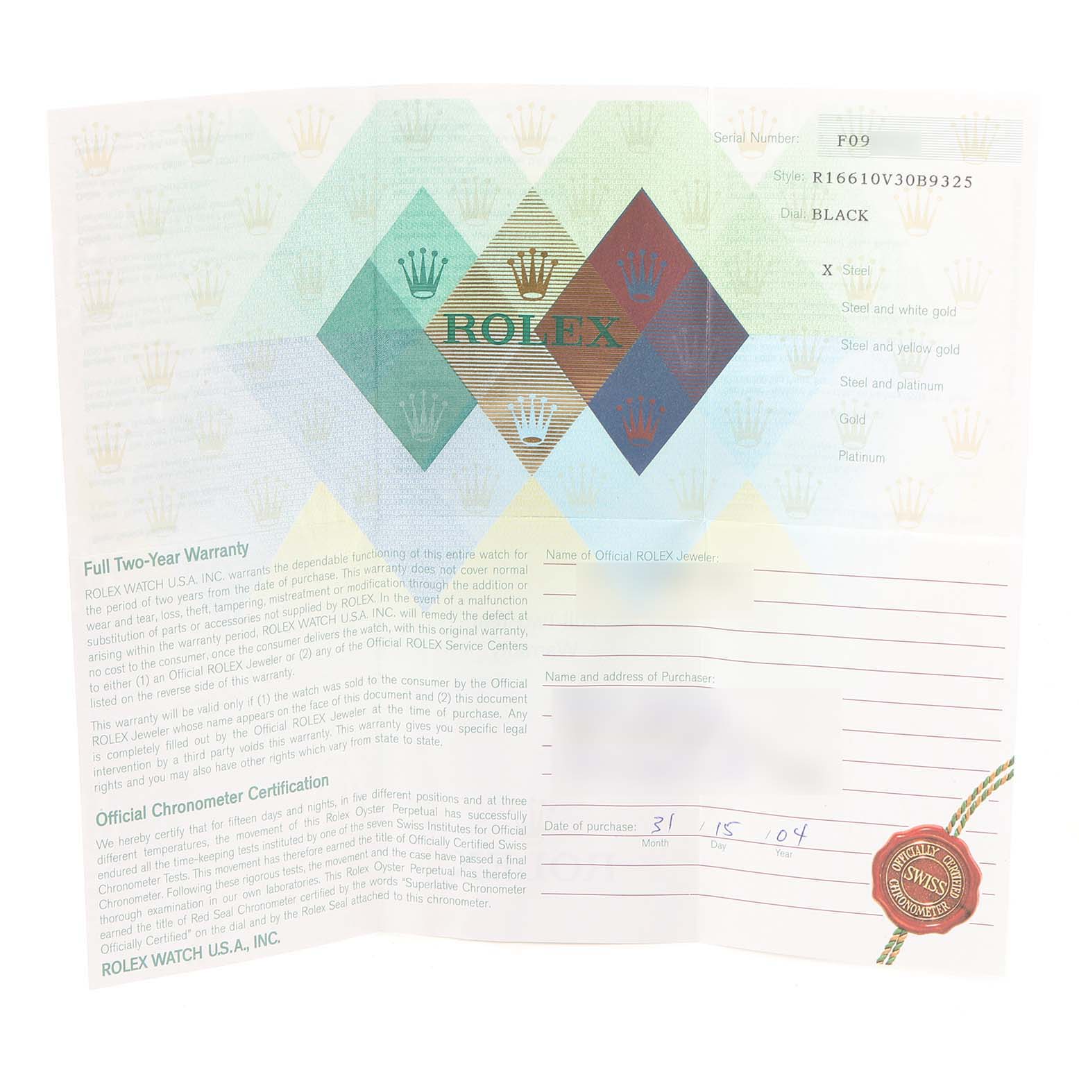 This image shows a warranty card for a Rolex Submariner 16610LV Men
s Stainless Steel Black Dial 16610LV Men
s Stainless Steel Black Dial watch.