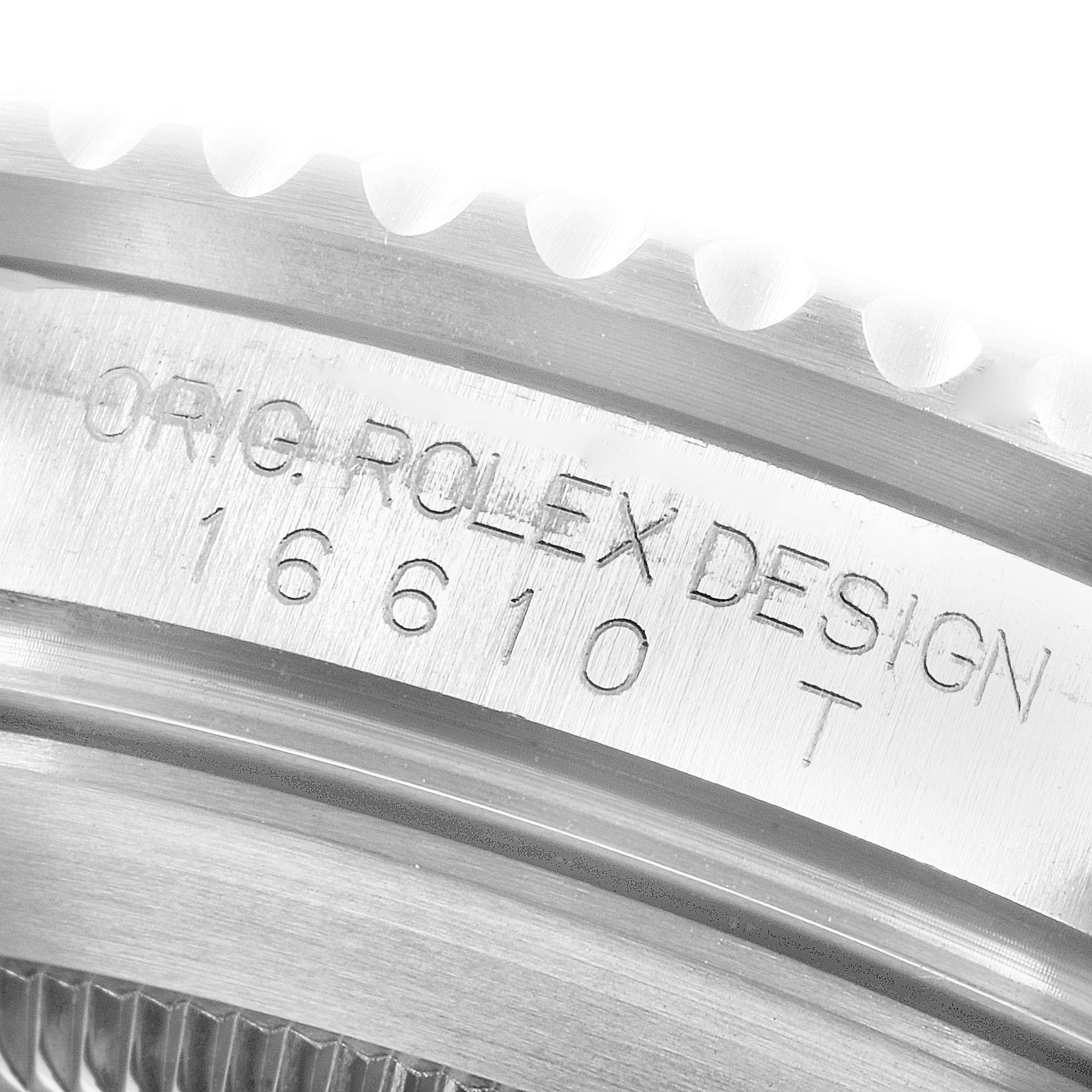 This close-up image shows the side view of a Rolex Submariner 16610LV Men
s Stainless Steel Black Dial 16610LV Men
s Stainless Steel Black Dial, highlighting the model number and design engraving.