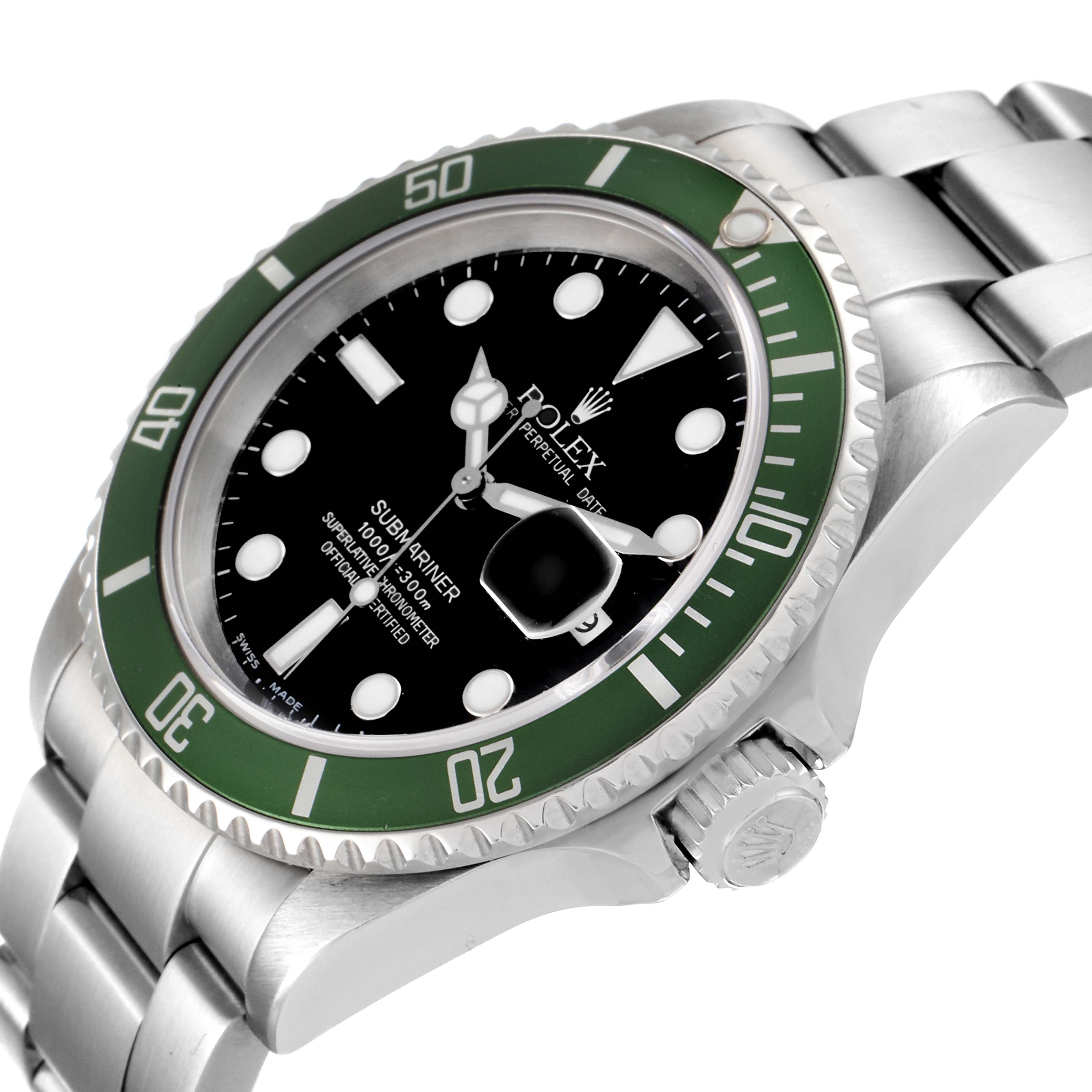 The image shows an angled view of a Rolex Submariner 16610LV Men
s Stainless Steel Black Dial 16610LV Men
s Stainless Steel Black Dial watch, highlighting its green bezel, black dial, and stainless steel bracelet.