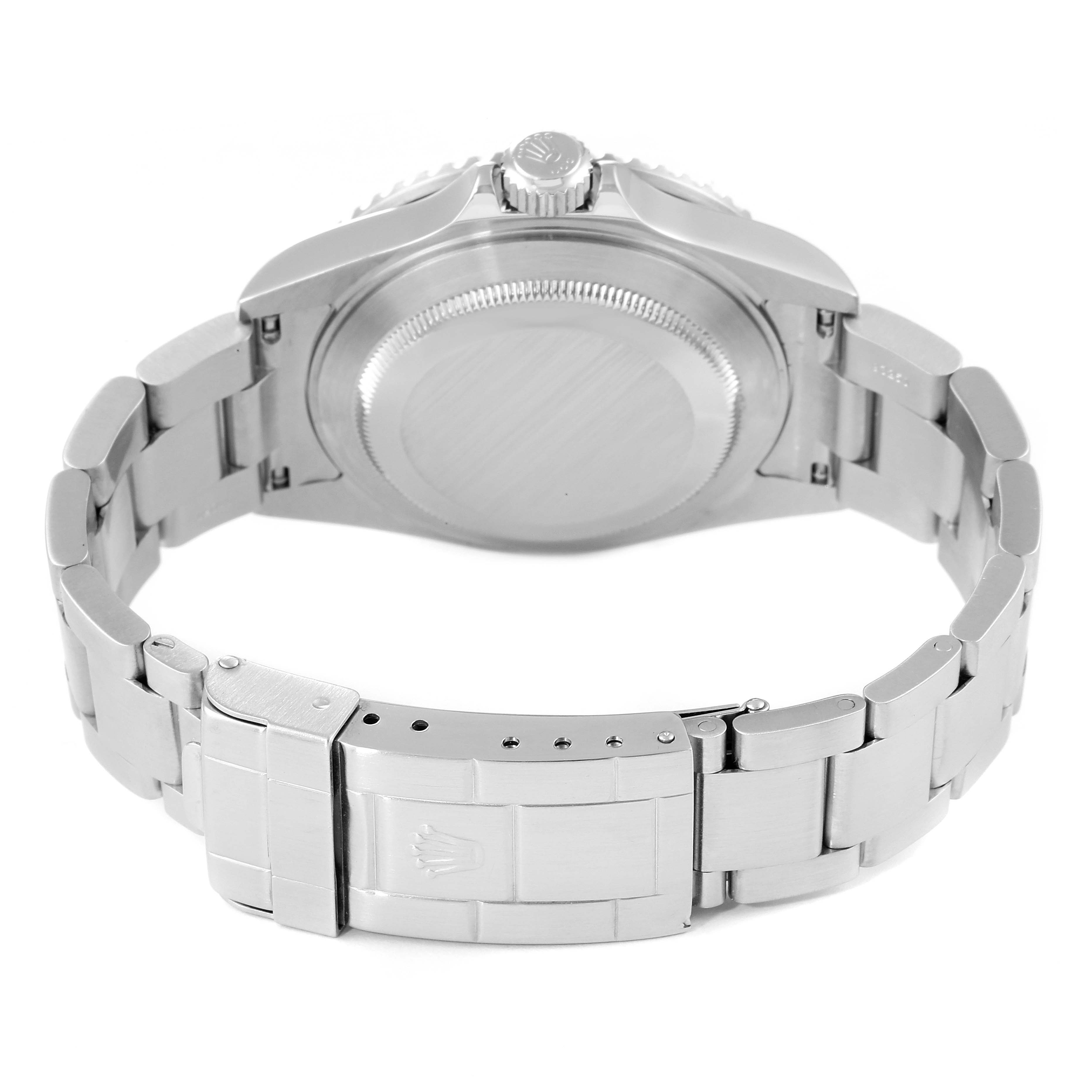 This image shows the back case and clasp of a Rolex Submariner 16610LV Men
s Stainless Steel Black Dial 16610LV Men
s Stainless Steel Black Dial watch from a rear angle.