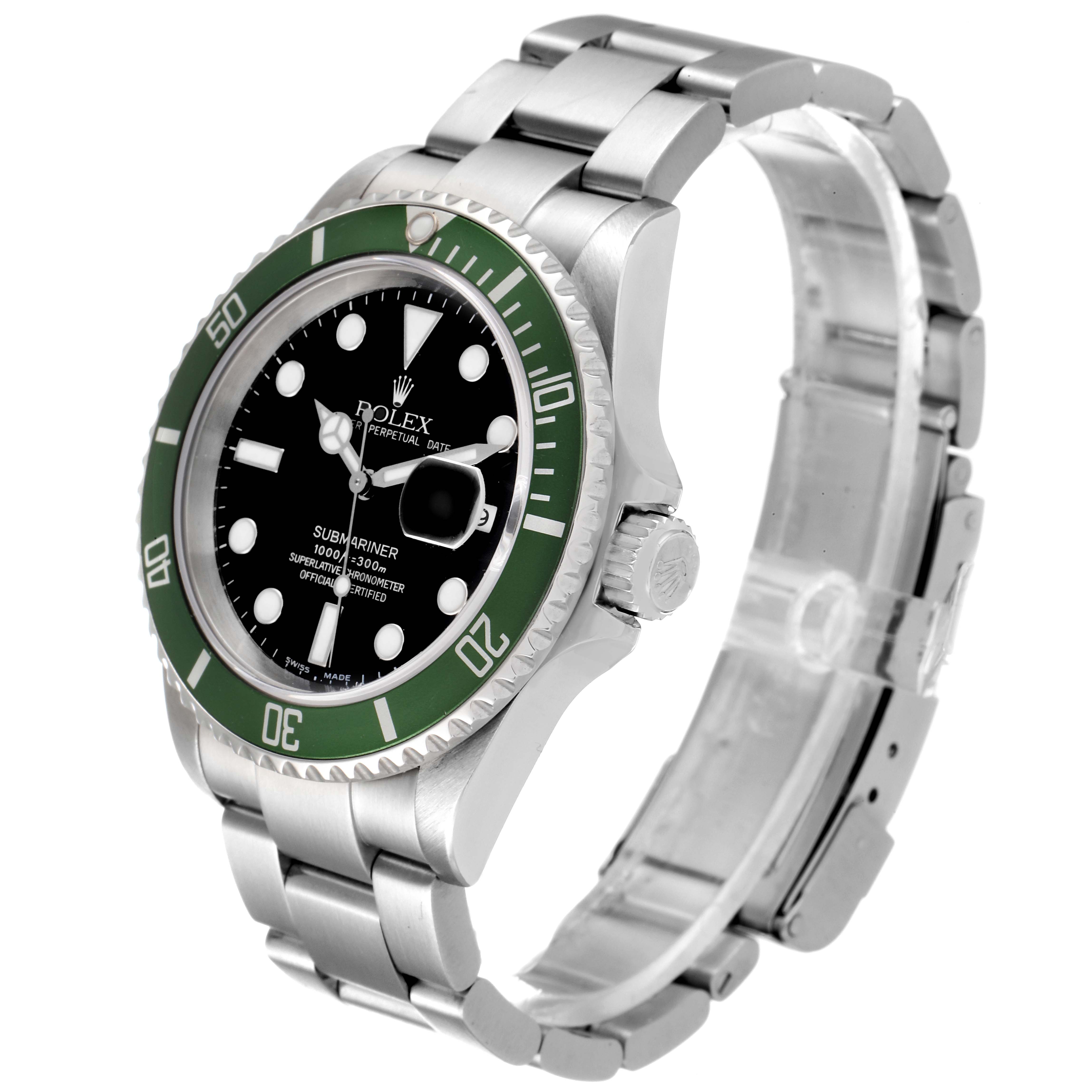The image shows a Rolex Submariner 16610LV Men
s Stainless Steel Black Dial 16610LV Men
s Stainless Steel Black Dial at an oblique angle, displaying the dial, bezel, crown, and bracelet.
