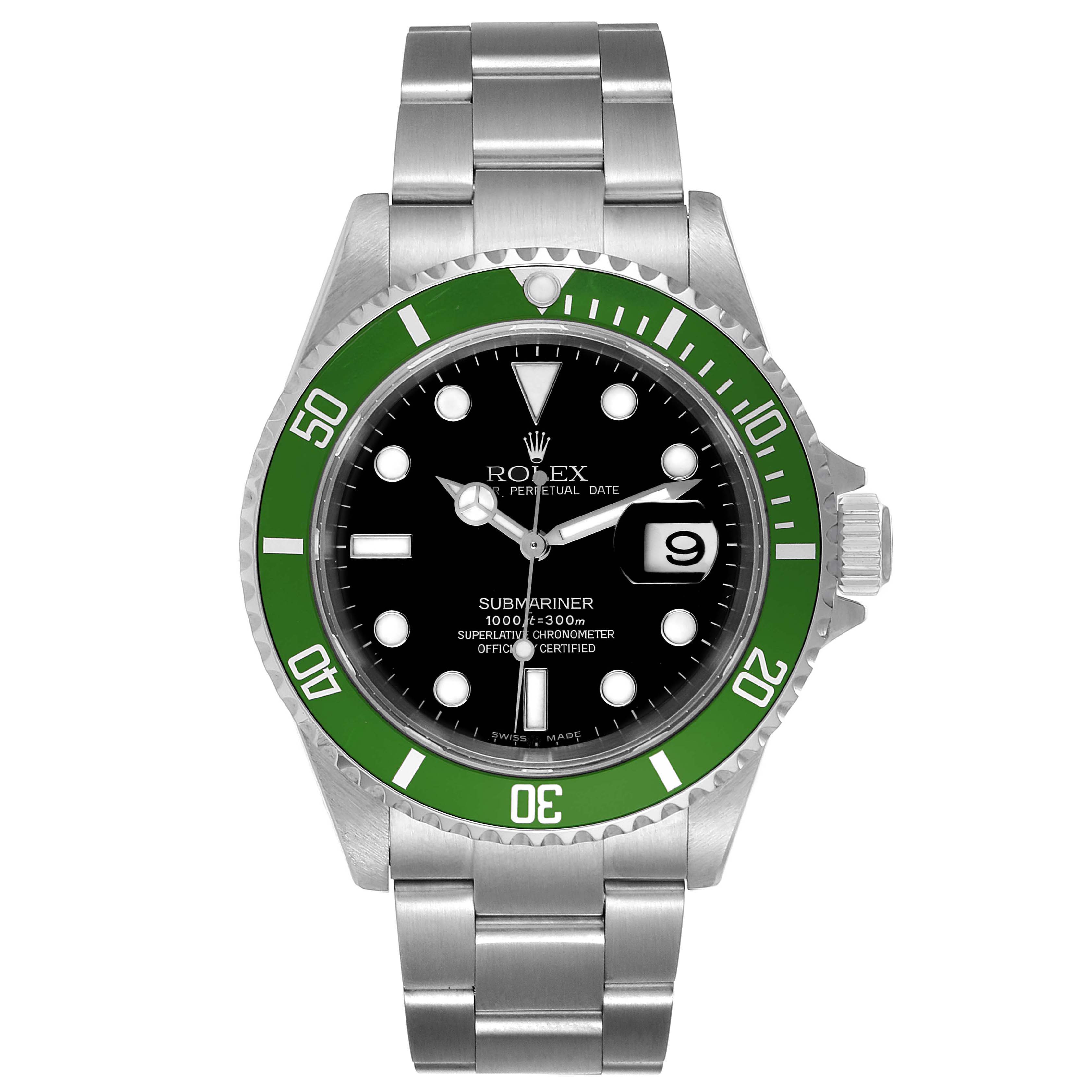 The image shows a front view of the Rolex Submariner 16610LV Men
s Stainless Steel Black Dial 16610LV Men
s Stainless Steel Black Dial watch, featuring its face, bezel, and bracelet.