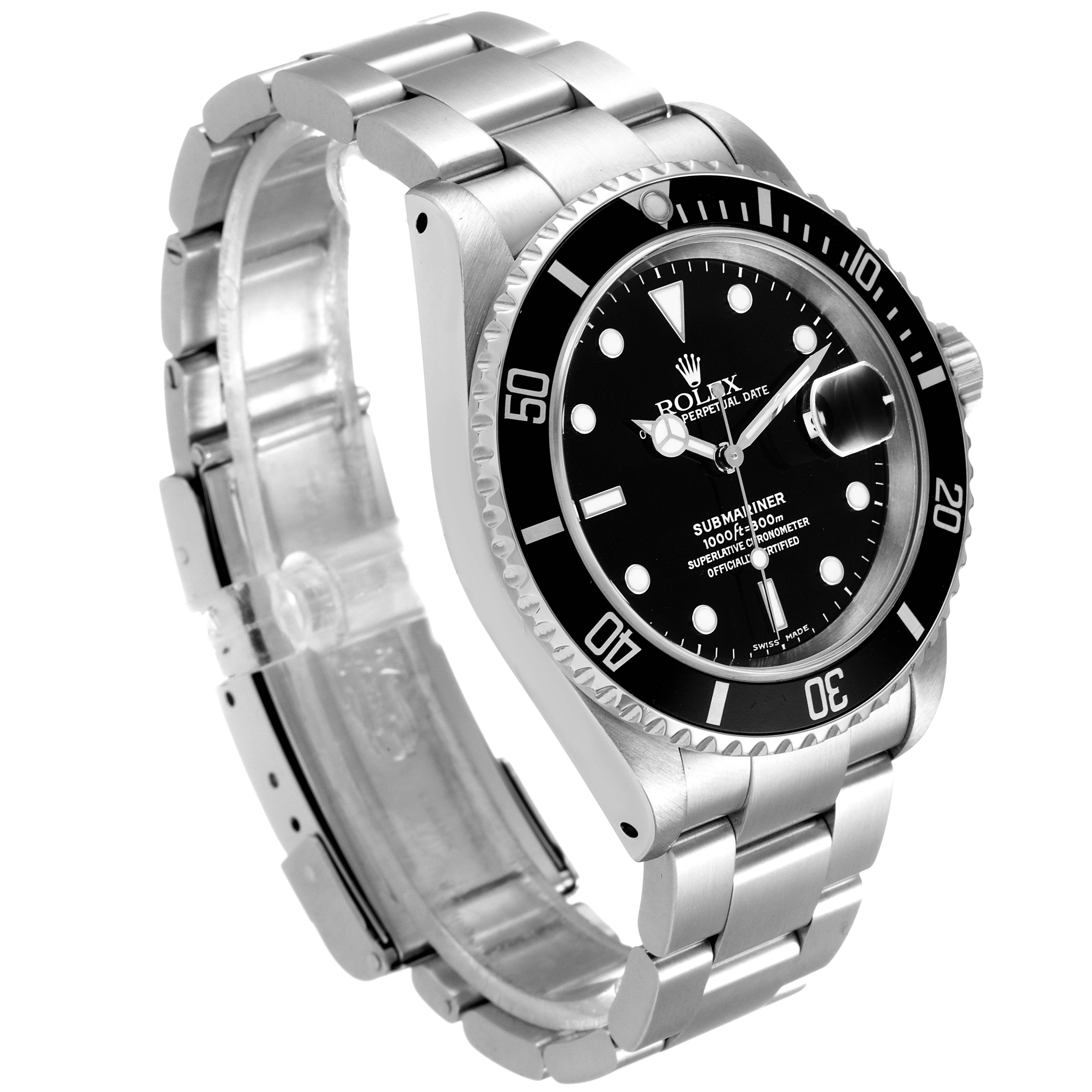 The image shows a Rolex Submariner 16610 Men
s Stainless Steel Black Dial 16610 Men
s Stainless Steel Black Dial watch from an angled side view, focusing on the dial, bezel, bracelet, and clasp.