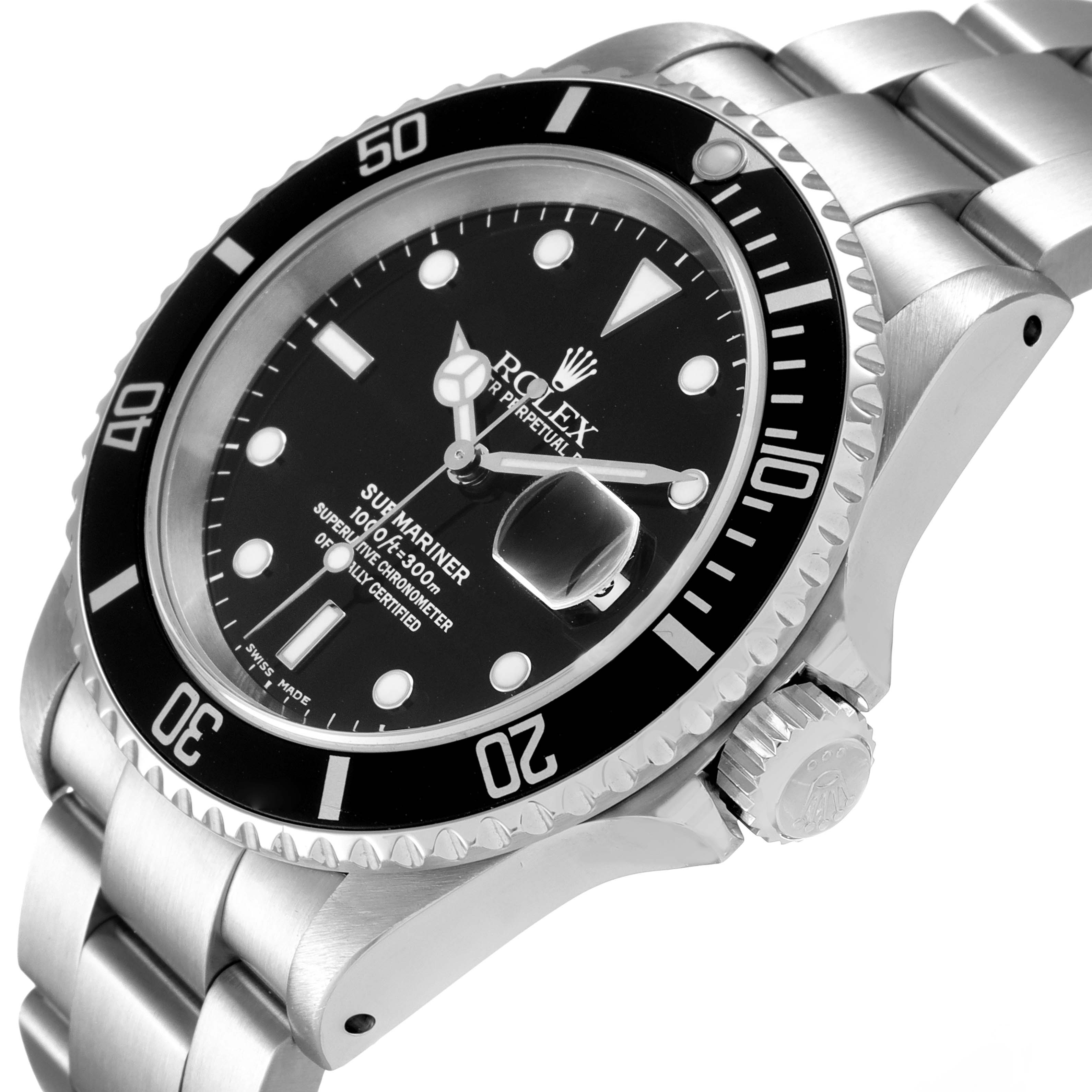This image shows the Rolex Submariner 16610 Men
s Stainless Steel Black Dial 16610 Men
s Stainless Steel Black Dial watch at an angled side view, highlighting the bezel, dial, crown, and part of the bracelet.