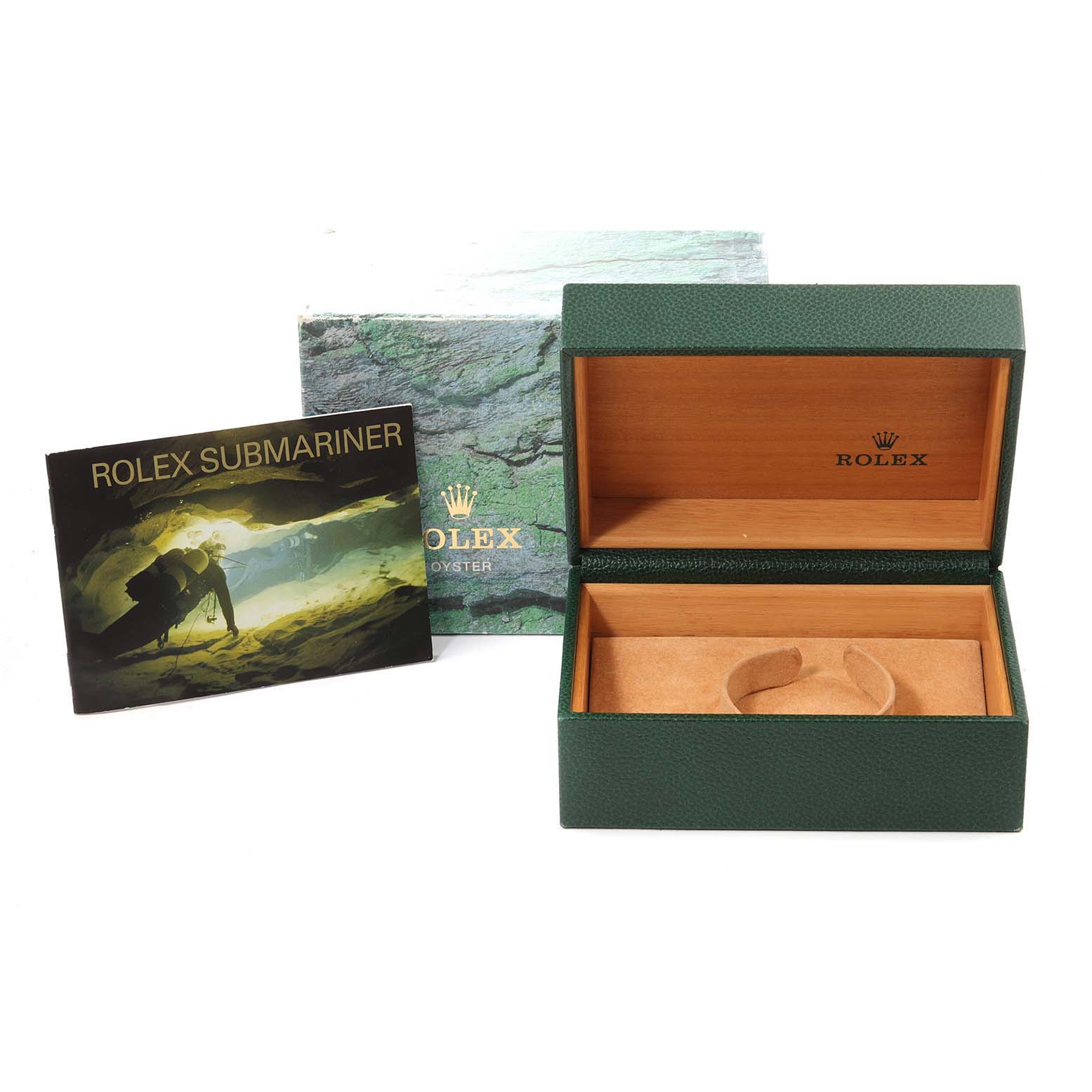 This image displays a Rolex Submariner 16610 Men
s Stainless Steel Black Dial 16610 Men
s Stainless Steel Black Dial watch box, outer packaging, and booklet from a frontal angle.