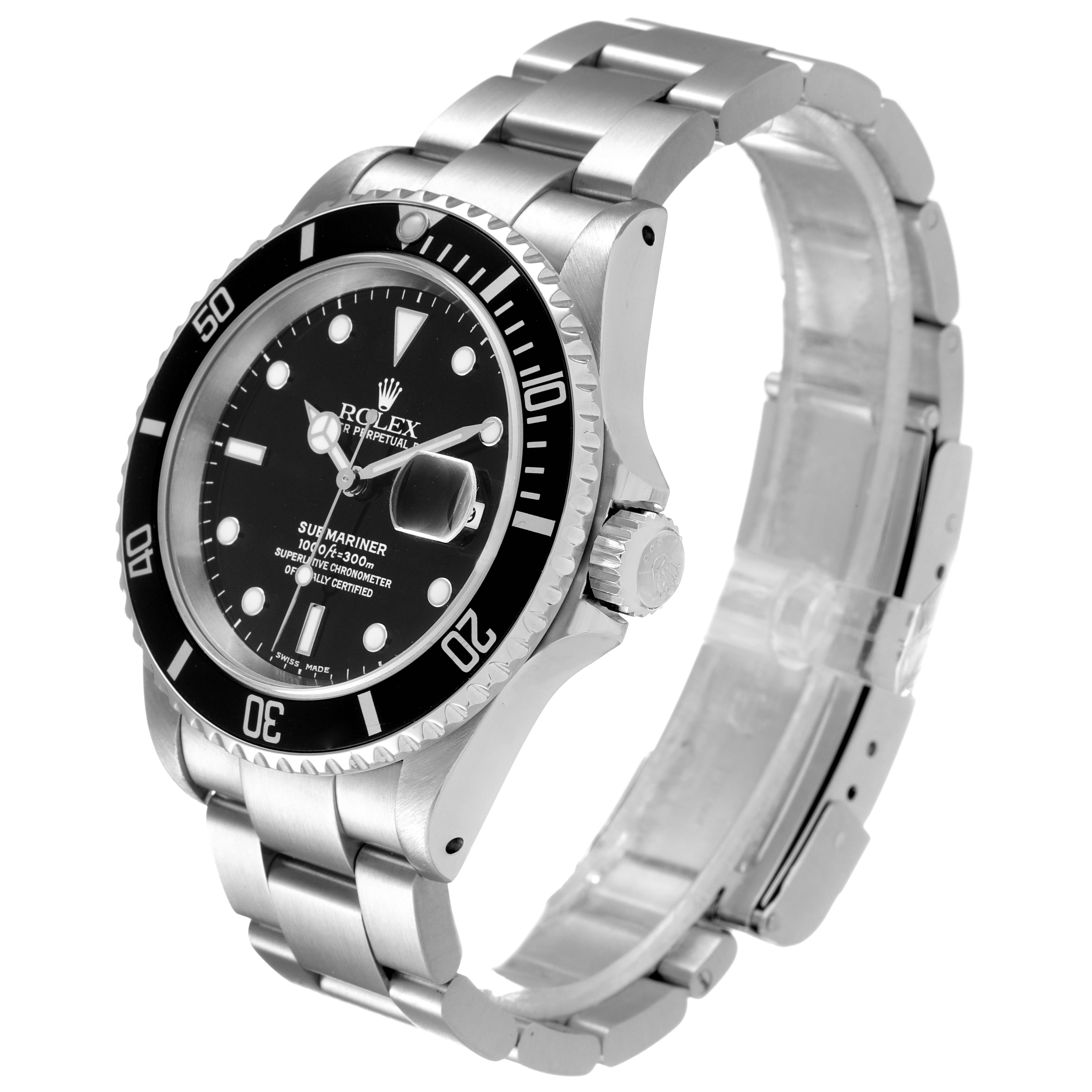 The image shows a Rolex Submariner 16610 Men
s Stainless Steel Black Dial 16610 Men
s Stainless Steel Black Dial watch angled to display its face, bezel, crown, and stainless steel bracelet.