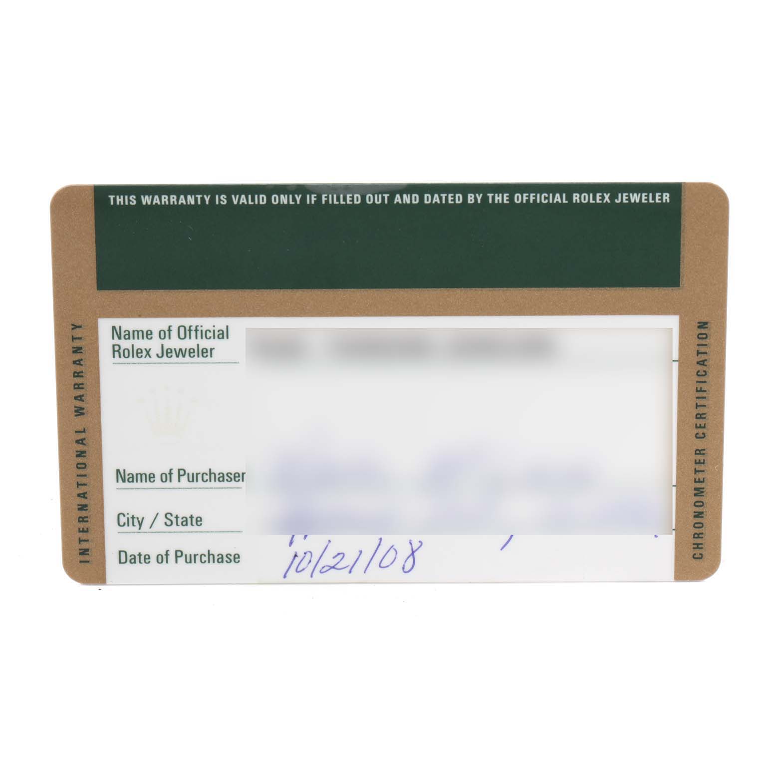 The image shows the warranty card for the Rolex Submariner 16610 Men
s Stainless Steel Black Dial 16610 Men
s Stainless Steel Black Dial watch, displaying information fields and a purchase date.