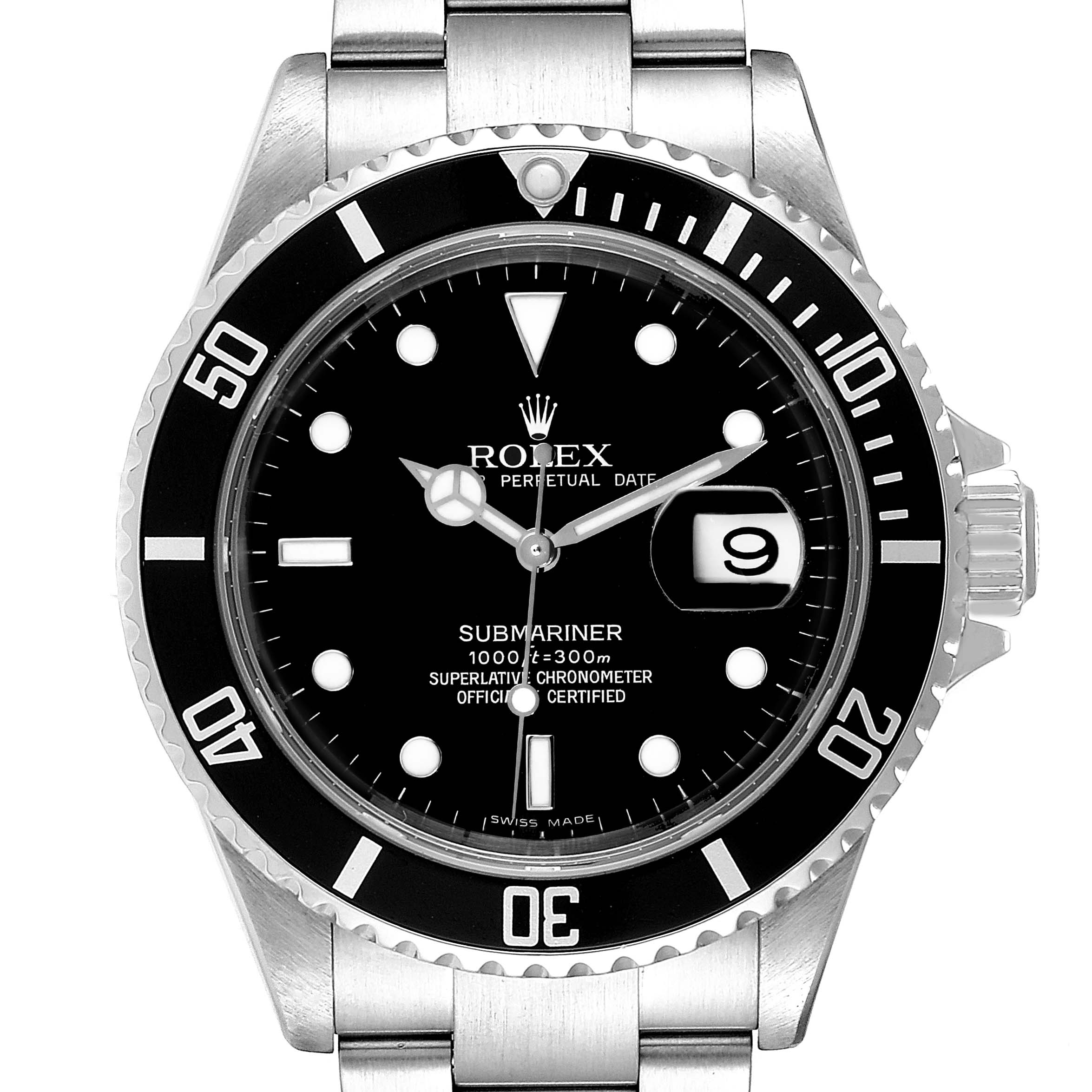 The image shows a front view of the Rolex Submariner 16610 Men
s Stainless Steel Black Dial 16610 Men
s Stainless Steel Black Dial watch with a clear display of its face, bezel, and bracelet.
