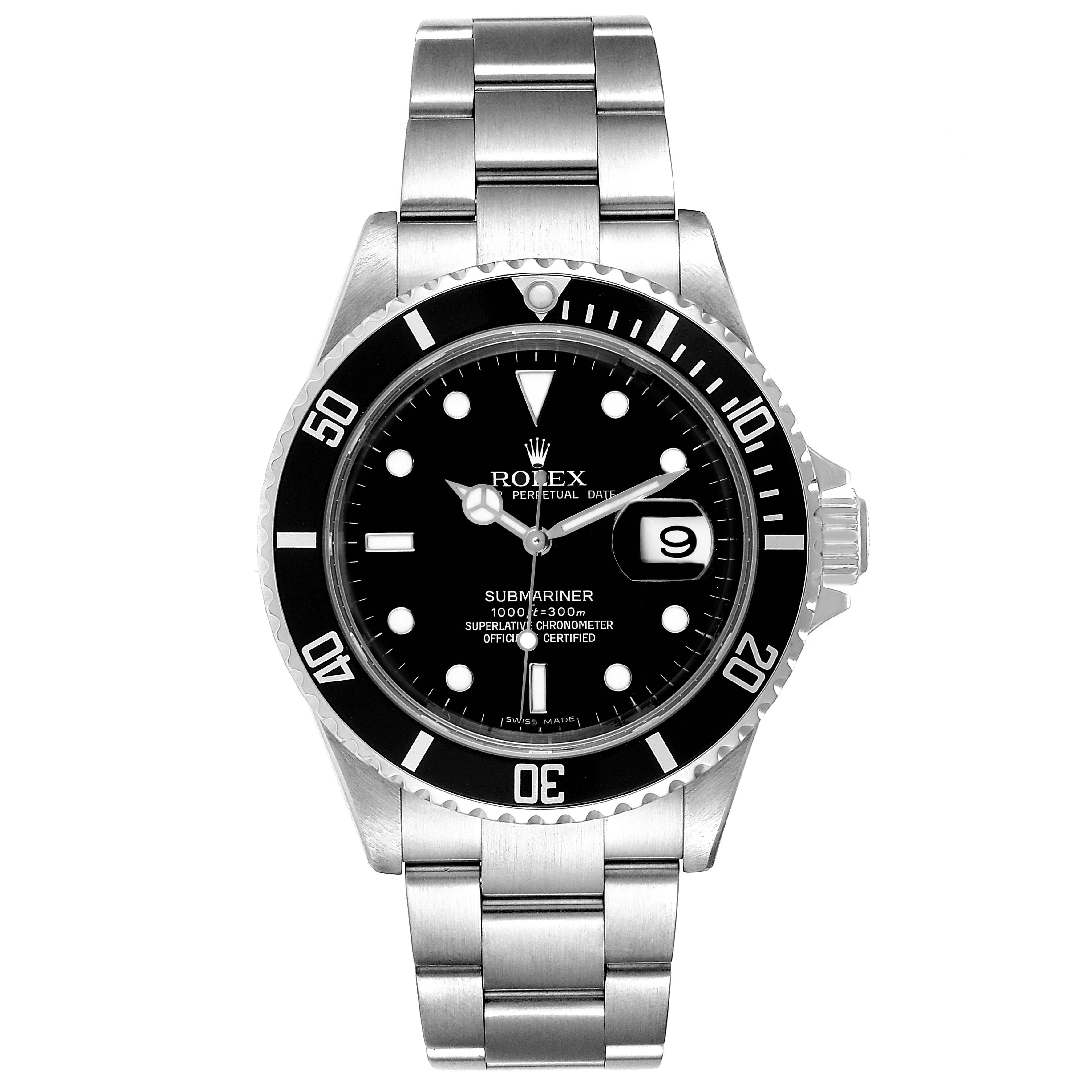 The image shows a front view of the Rolex Submariner 16610 Men
s Stainless Steel Black Dial 16610 Men
s Stainless Steel Black Dial with a black dial and stainless steel bracelet.