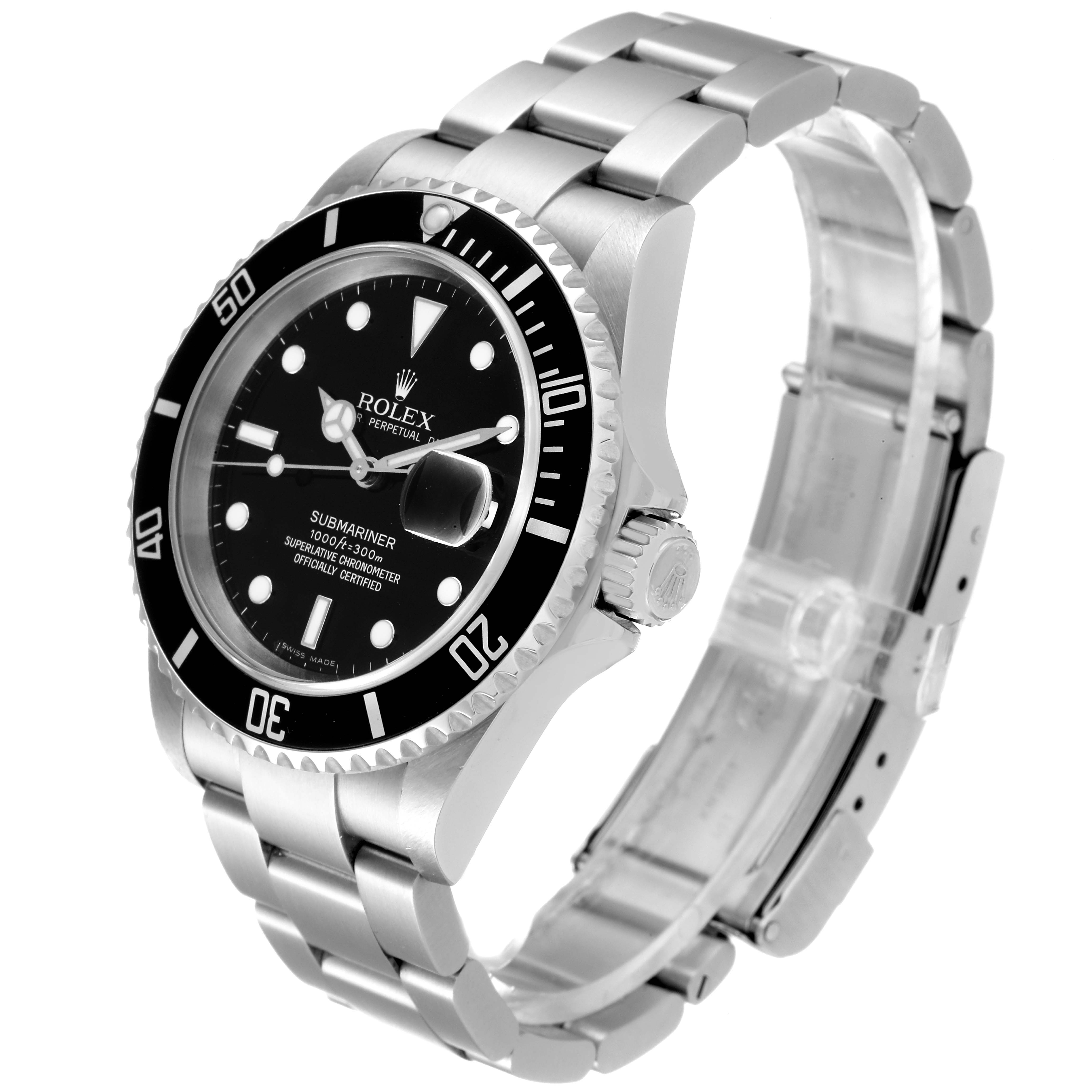 The image shows a Rolex Submariner 16610 Men
s Stainless Steel Black Dial 16610 Men
s Stainless Steel Black Dial watch at an angled side view, highlighting its dial, bezel, crown, and bracelet.