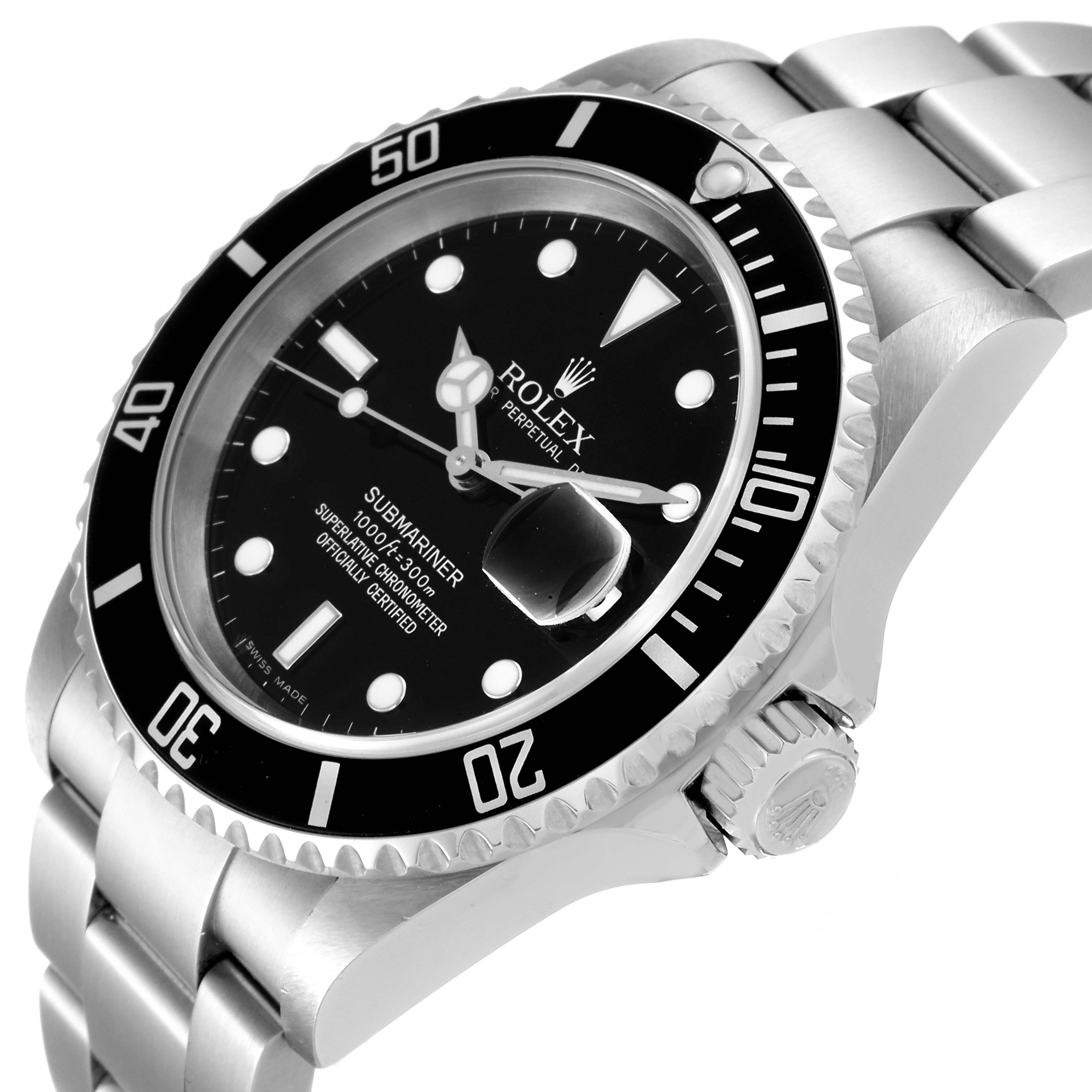 The Rolex Submariner 16610 Men
s Stainless Steel Black Dial 16610 Men
s Stainless Steel Black Dial watch is shown from a slightly angled side view, highlighting the face, bezel, and part of the bracelet.