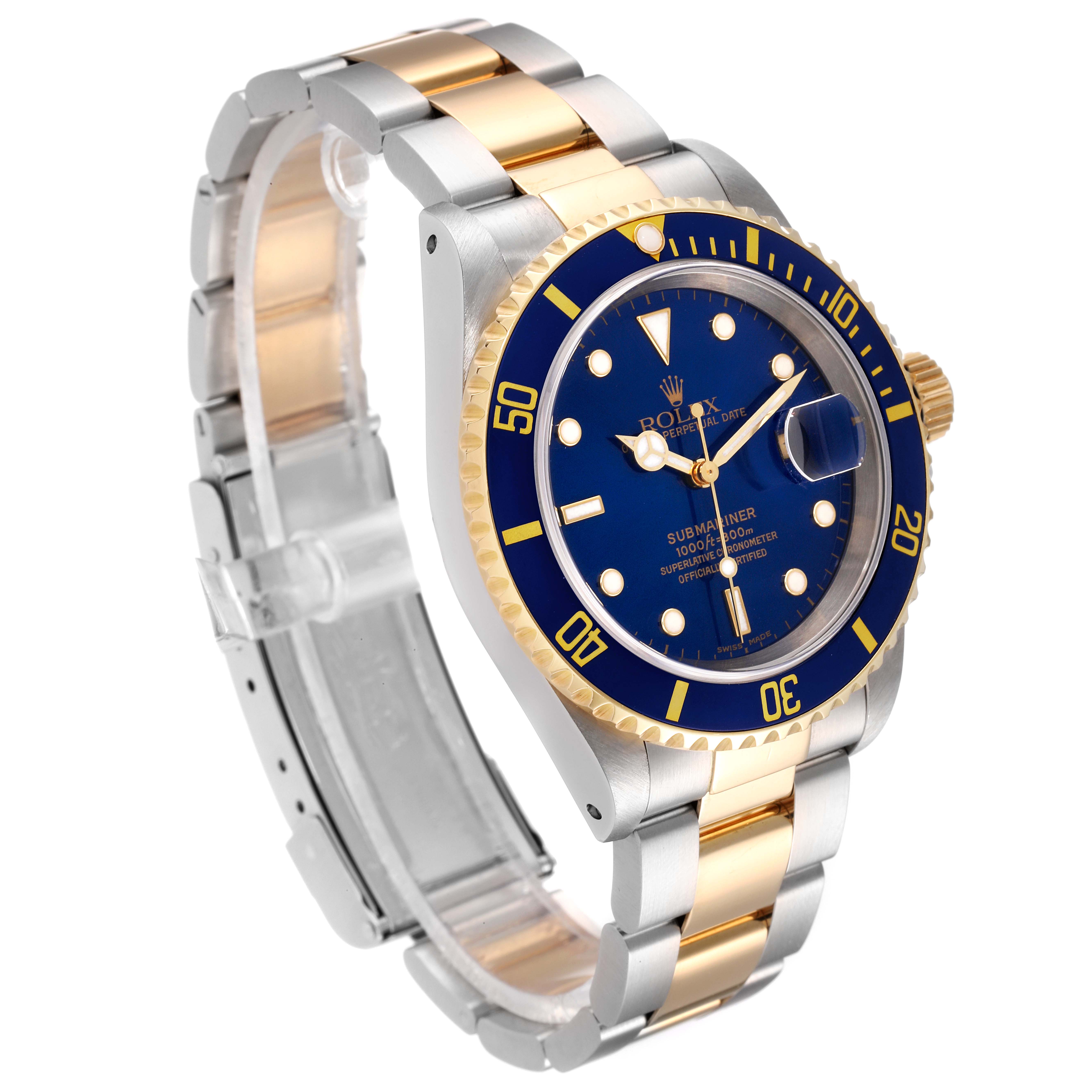 The image shows a side angle of the Rolex Submariner 16613 Men
s Steel and Gold (two tone) Blue Dial 16613 Men
s Steel and Gold (two tone) Blue Dial model, highlighting the two-tone bracelet, blue dial, and bezel.