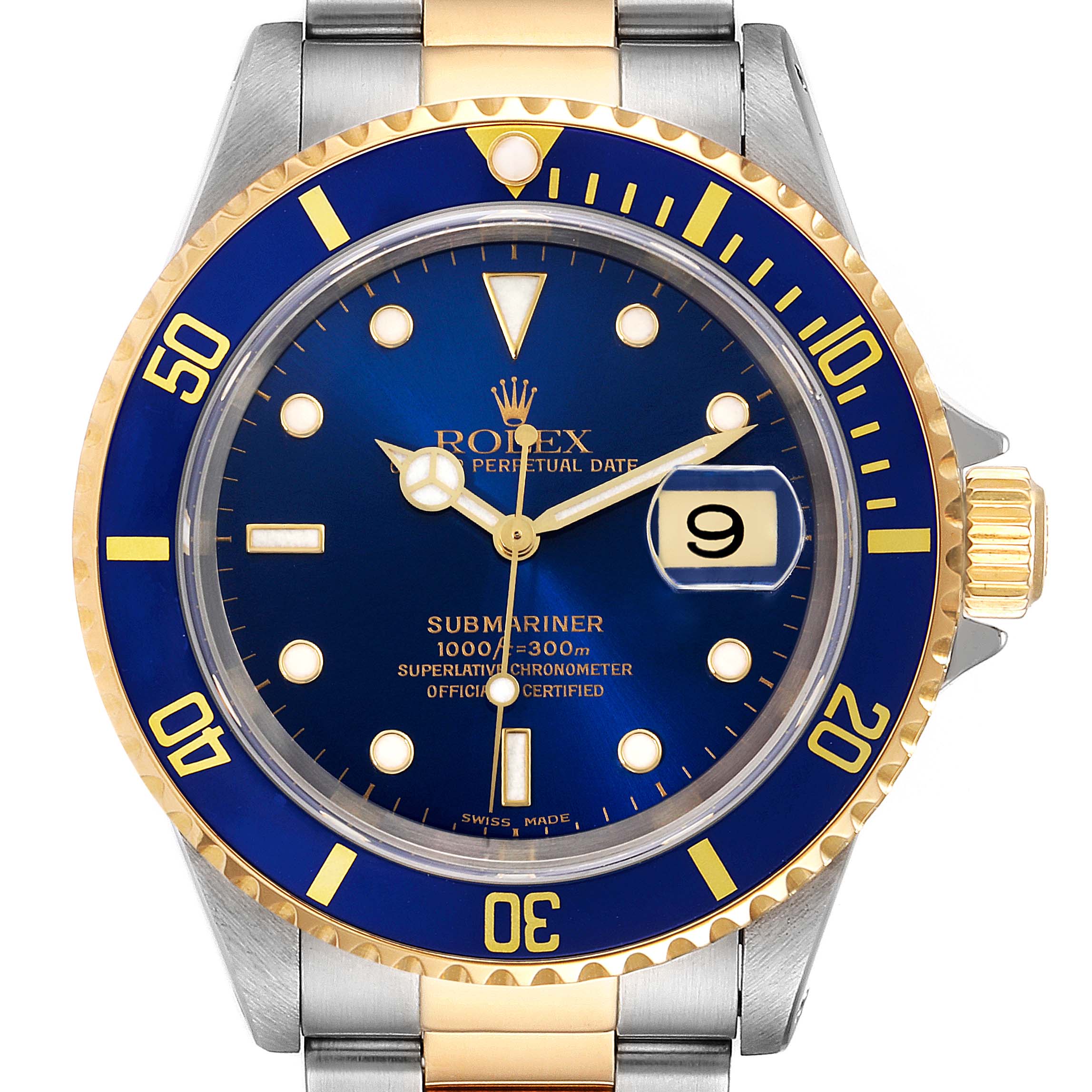 This image shows a front view of the Rolex Submariner 16613 Men
s Steel and Gold (two tone) Blue Dial 16613 Men
s Steel and Gold (two tone) Blue Dial watch, highlighting the dial, bezel, hands, date, and part of the bracelet.