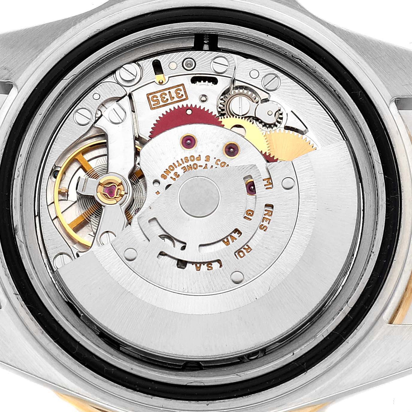 The image shows the inner mechanical movement of the Rolex Submariner 16613 Men
s Steel and Gold (two tone) Blue Dial 16613 Men
s Steel and Gold (two tone) Blue Dial watch from a rear angle.