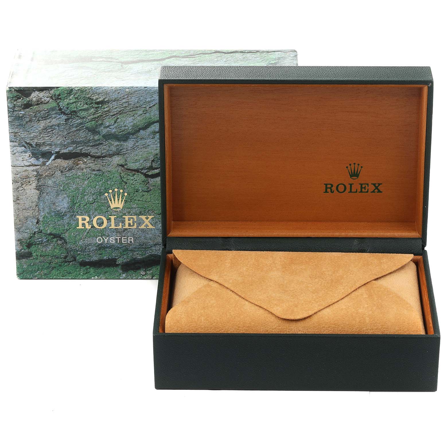 The image shows a Rolex Submariner 16613 Men
s Steel and Gold (two tone) Blue Dial 16613 Men
s Steel and Gold (two tone) Blue Dial watch box and sleeve, with the lid open to display the interior.