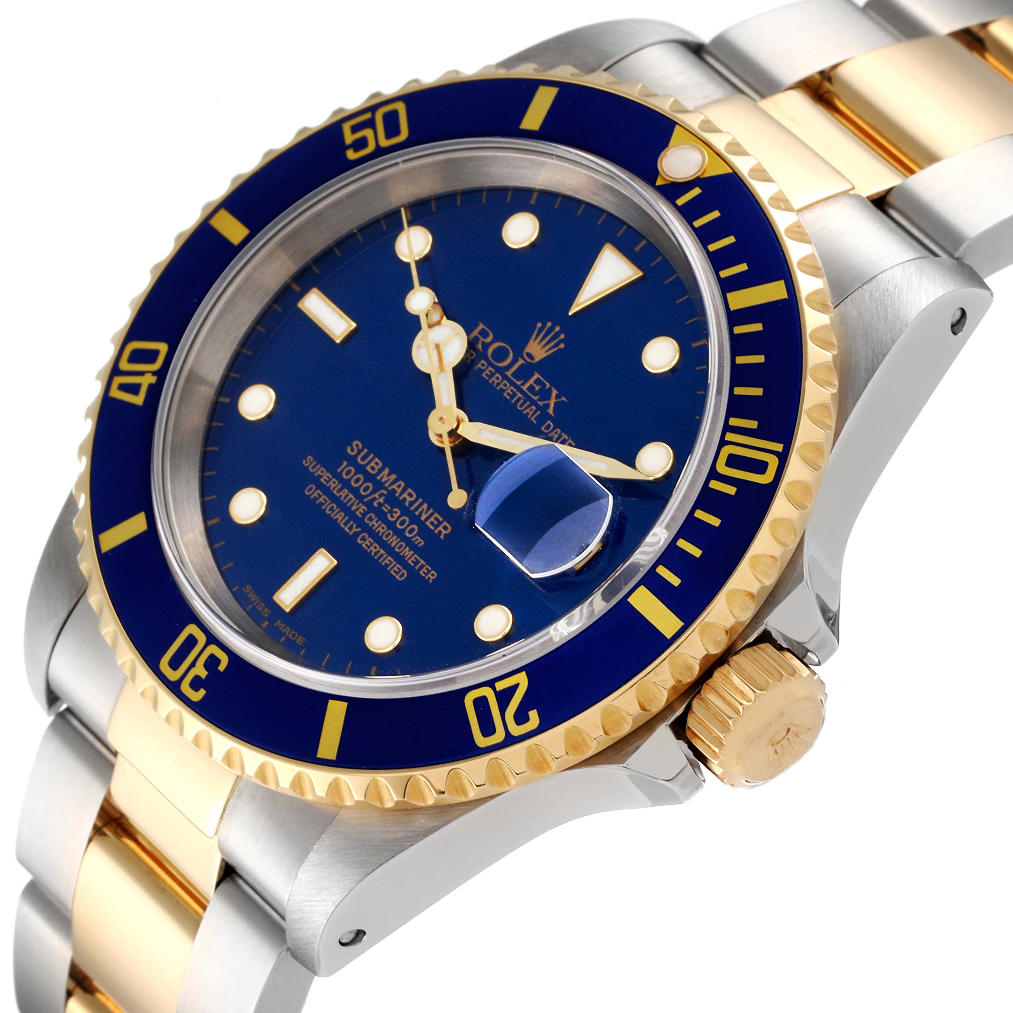 This image shows a close-up side angle of a Rolex Submariner 16613 Men
s Steel and Gold (two tone) Blue Dial 16613 Men
s Steel and Gold (two tone) Blue Dial, highlighting its blue dial, gold and silver bracelet, and crown.