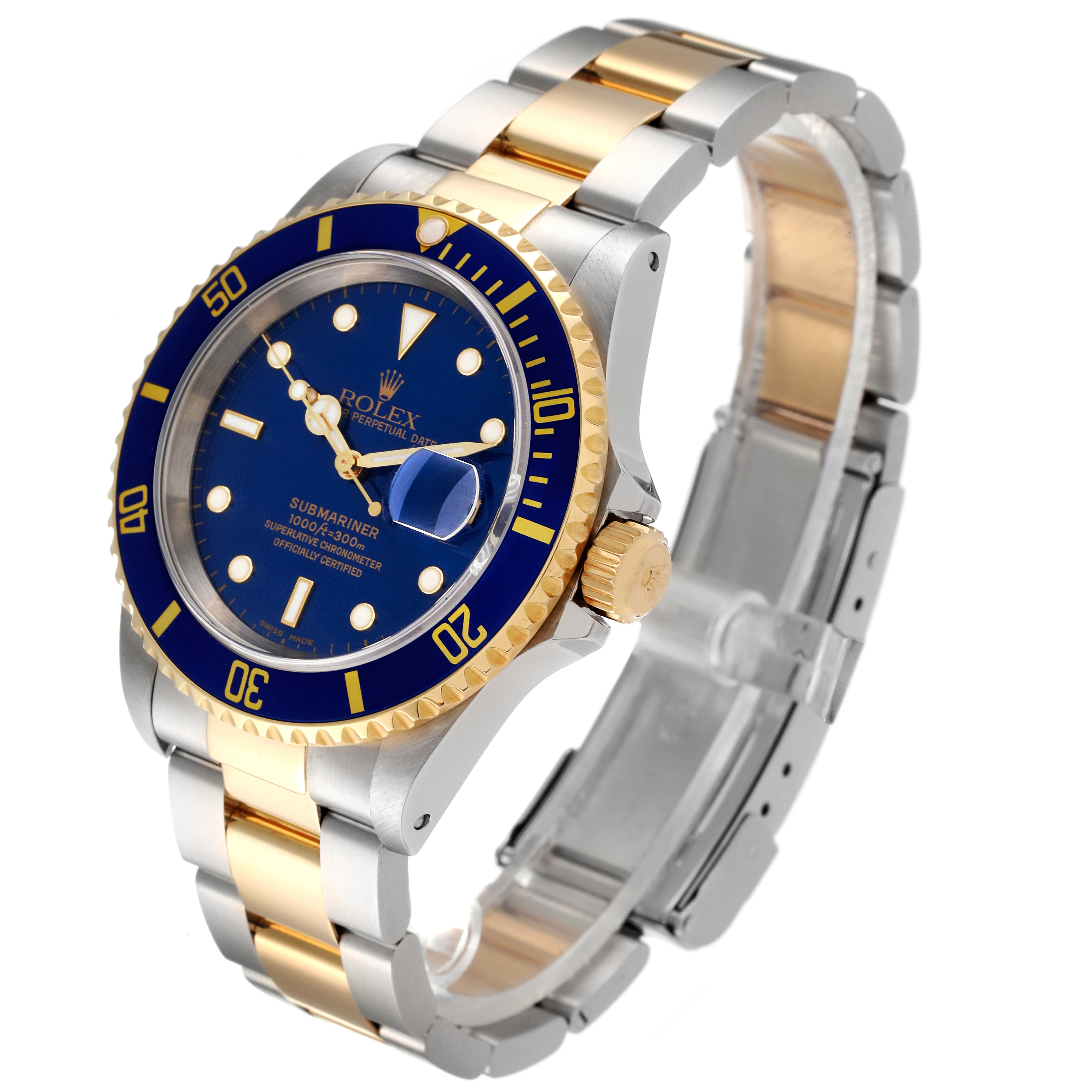 The Rolex Submariner 16613 Men
s Steel and Gold (two tone) Blue Dial 16613 Men
s Steel and Gold (two tone) Blue Dial watch is shown at an angled side view, displaying the dial, bezel, case, crown, and part of the bracelet.