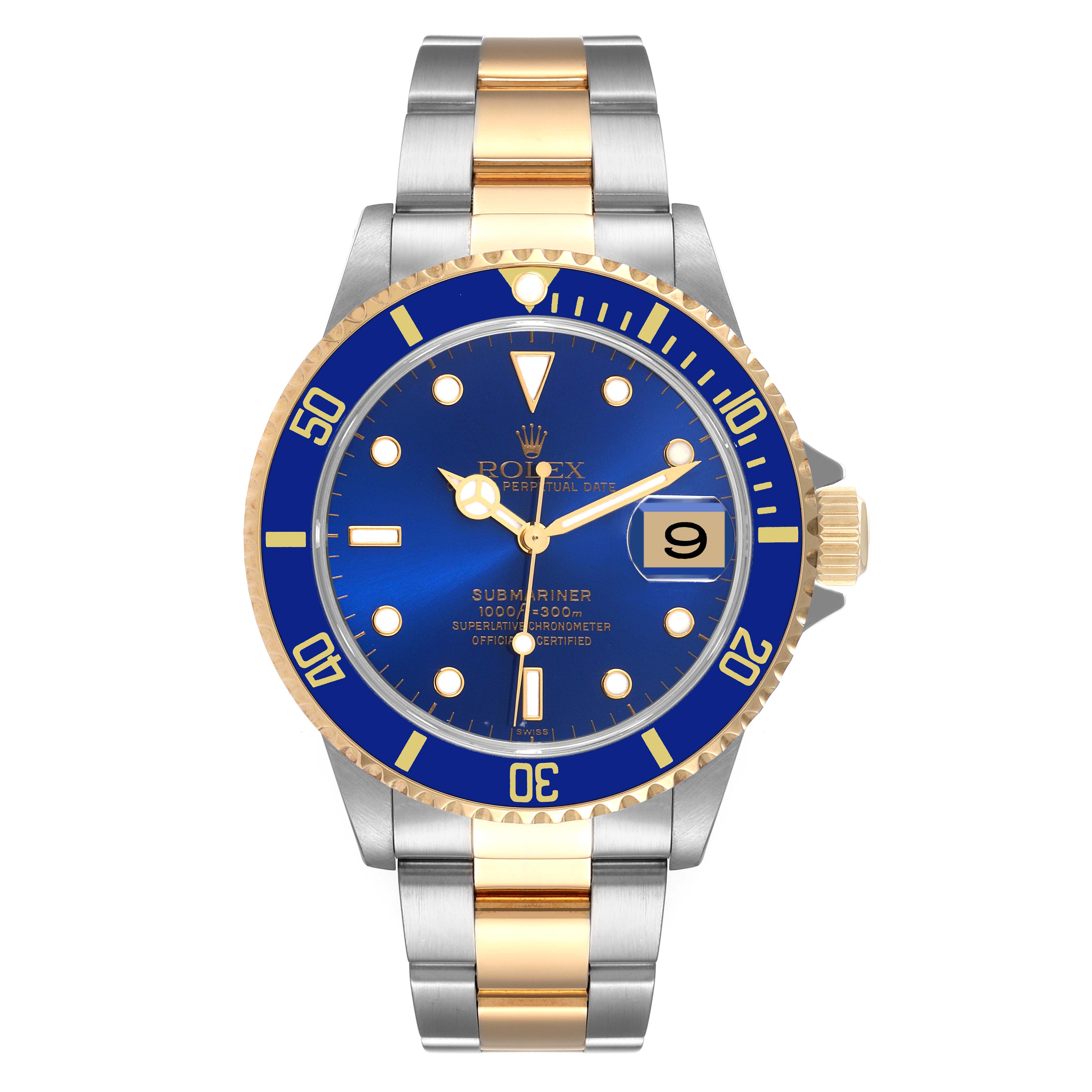 The image shows a frontal view of a Rolex Submariner 16613 Men
s Steel and Gold (two tone) Blue Dial 16613 Men
s Steel and Gold (two tone) Blue Dial watch with a blue dial and a two-tone metal bracelet.