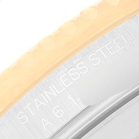 The image shows a close-up of the watch case side of a Rolex Submariner 16613 Men
s Steel and Gold (two tone) Blue Dial 16613 Men
s Steel and Gold (two tone) Blue Dial, highlighting the "STAINLESS STEEL" engraving and part of the bezel.