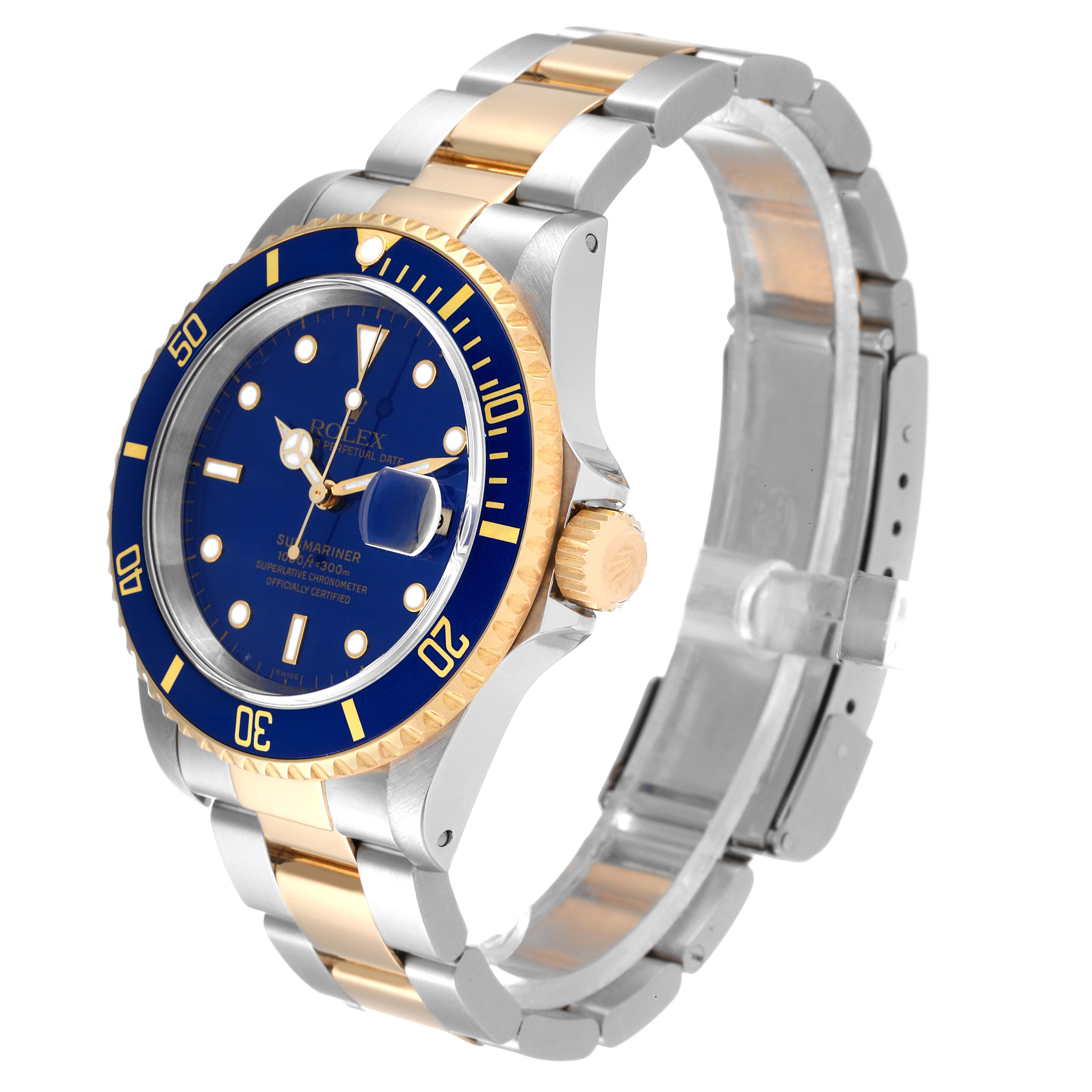 The image shows a side-angle view of a Rolex Submariner 16613 Men
s Steel and Gold (two tone) Blue Dial 16613 Men
s Steel and Gold (two tone) Blue Dial watch, highlighting the bezel, crown, and bracelet.