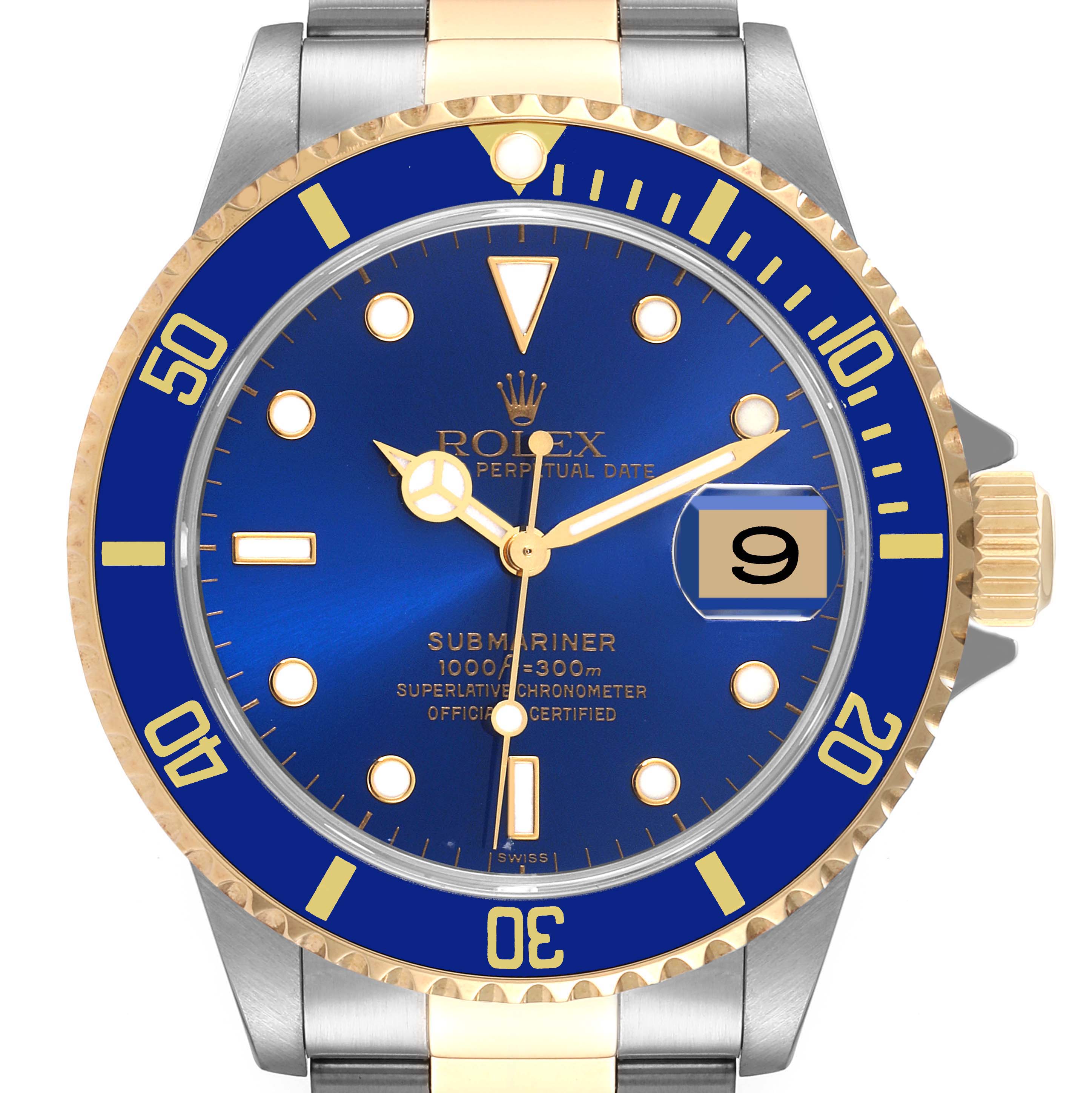The image shows a front view of a Rolex Submariner 16613 Men
s Steel and Gold (two tone) Blue Dial 16613 Men
s Steel and Gold (two tone) Blue Dial watch, highlighting its blue dial, gold bezel, and two-tone bracelet.
