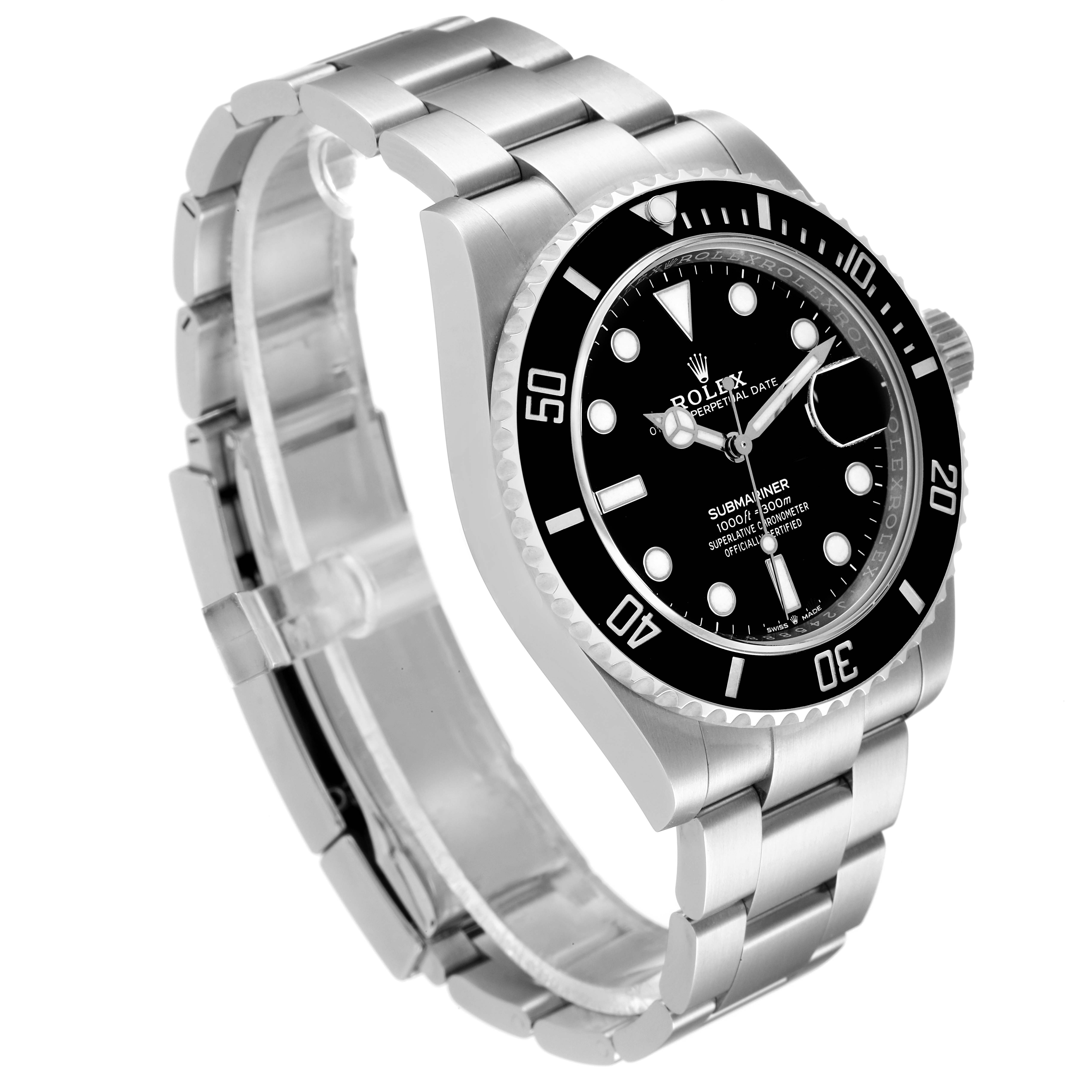The image shows a Rolex Submariner 126610 Men
s Stainless Steel Black Dial 126610 Men
s Stainless Steel Black Dial watch at a three-quarter angle highlighting its face, bezel, and bracelet.