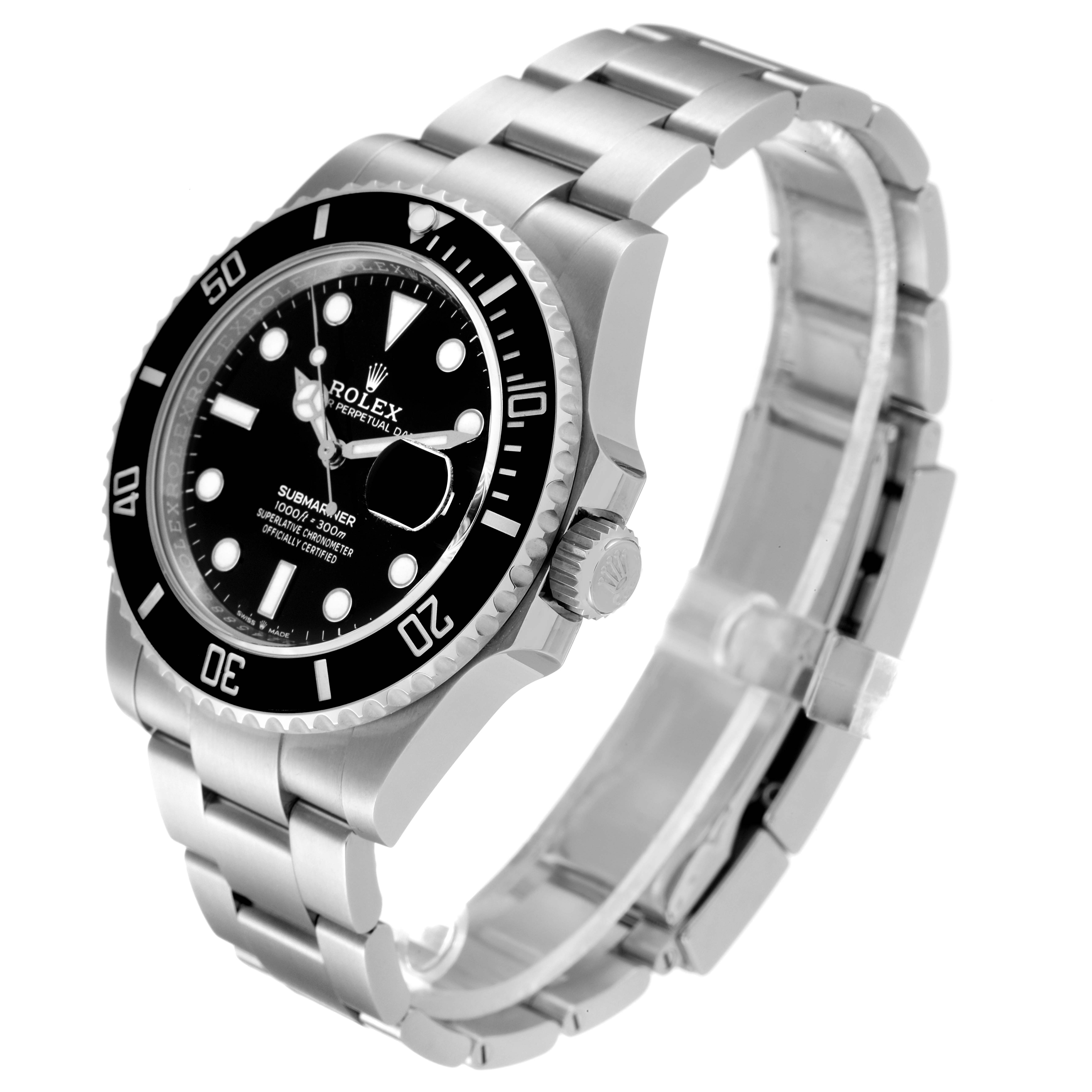 The image shows a side angle of the Rolex Submariner 126610 Men
s Stainless Steel Black Dial 126610 Men
s Stainless Steel Black Dial watch, focusing on its black dial, bezel, and silver bracelet.