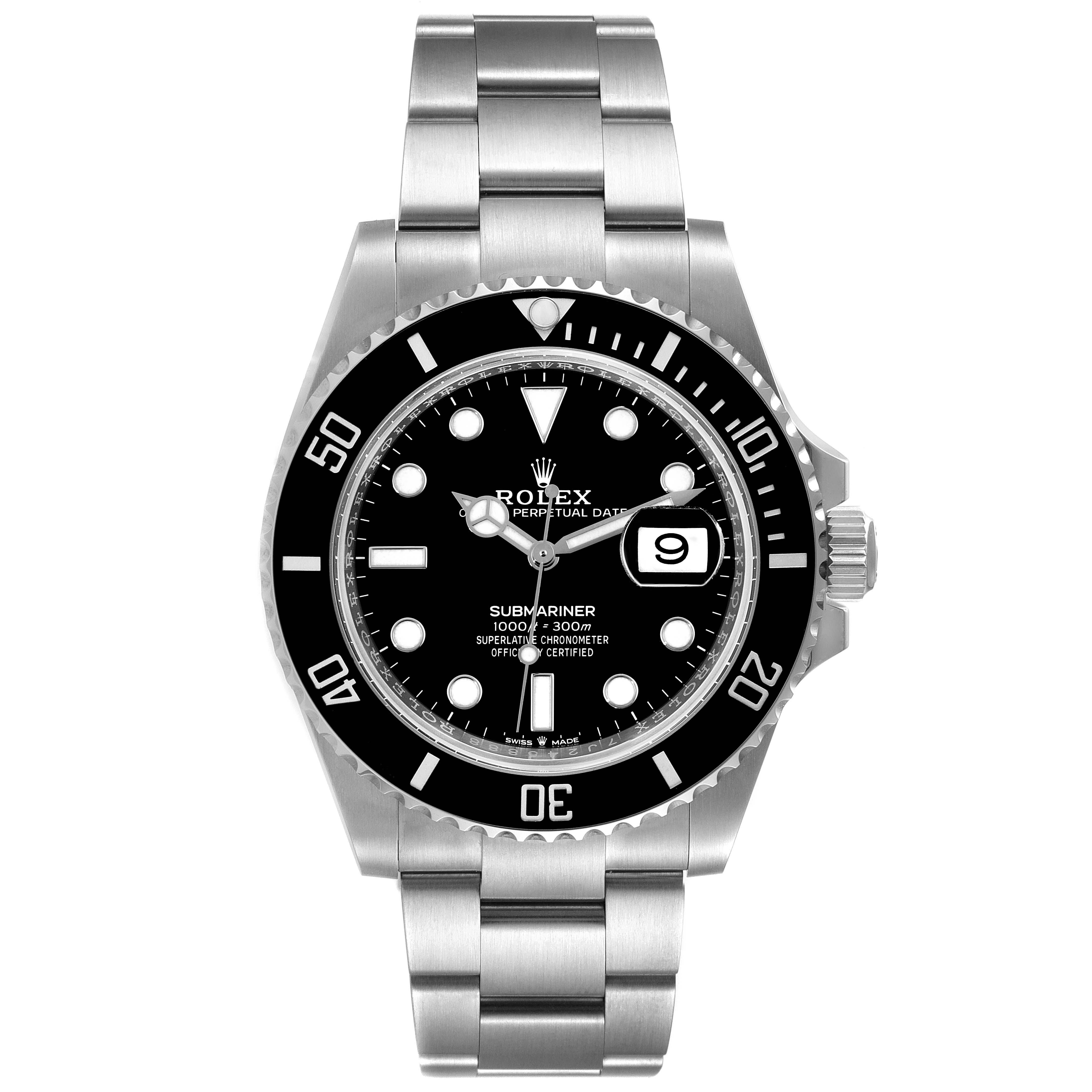 This image shows a front view of a Rolex Submariner 126610 Men
s Stainless Steel Black Dial 126610 Men
s Stainless Steel Black Dial watch, displaying its black dial, bezel, and stainless steel bracelet.