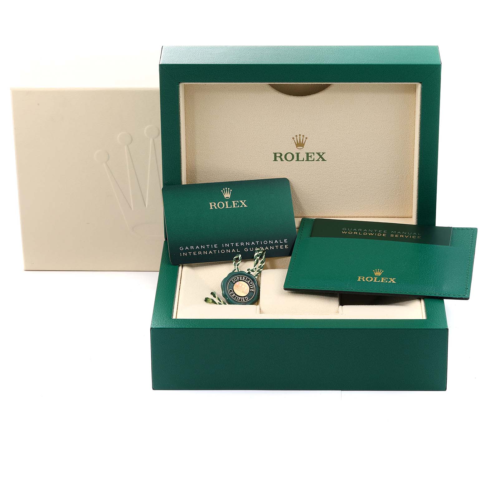This image shows the packaging and accessories for a Rolex Submariner 126610 Men
s Stainless Steel Black Dial 126610 Men
s Stainless Steel Black Dial, including the box, guarantee manual, and tags.