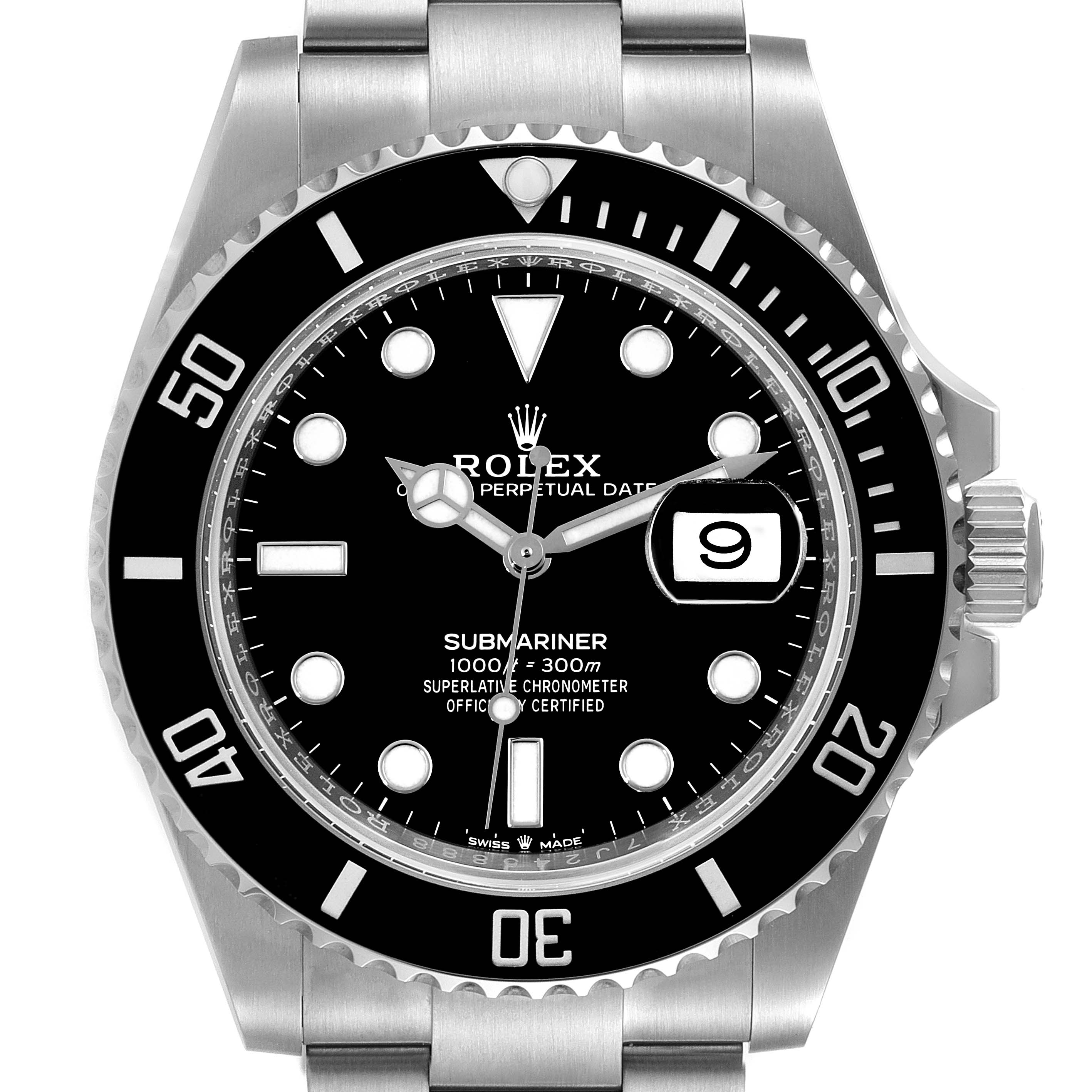 The image shows a frontal view of a Rolex Submariner 126610 Men
s Stainless Steel Black Dial 126610 Men
s Stainless Steel Black Dial watch, highlighting the dial, bezel, crown, and part of the bracelet.
