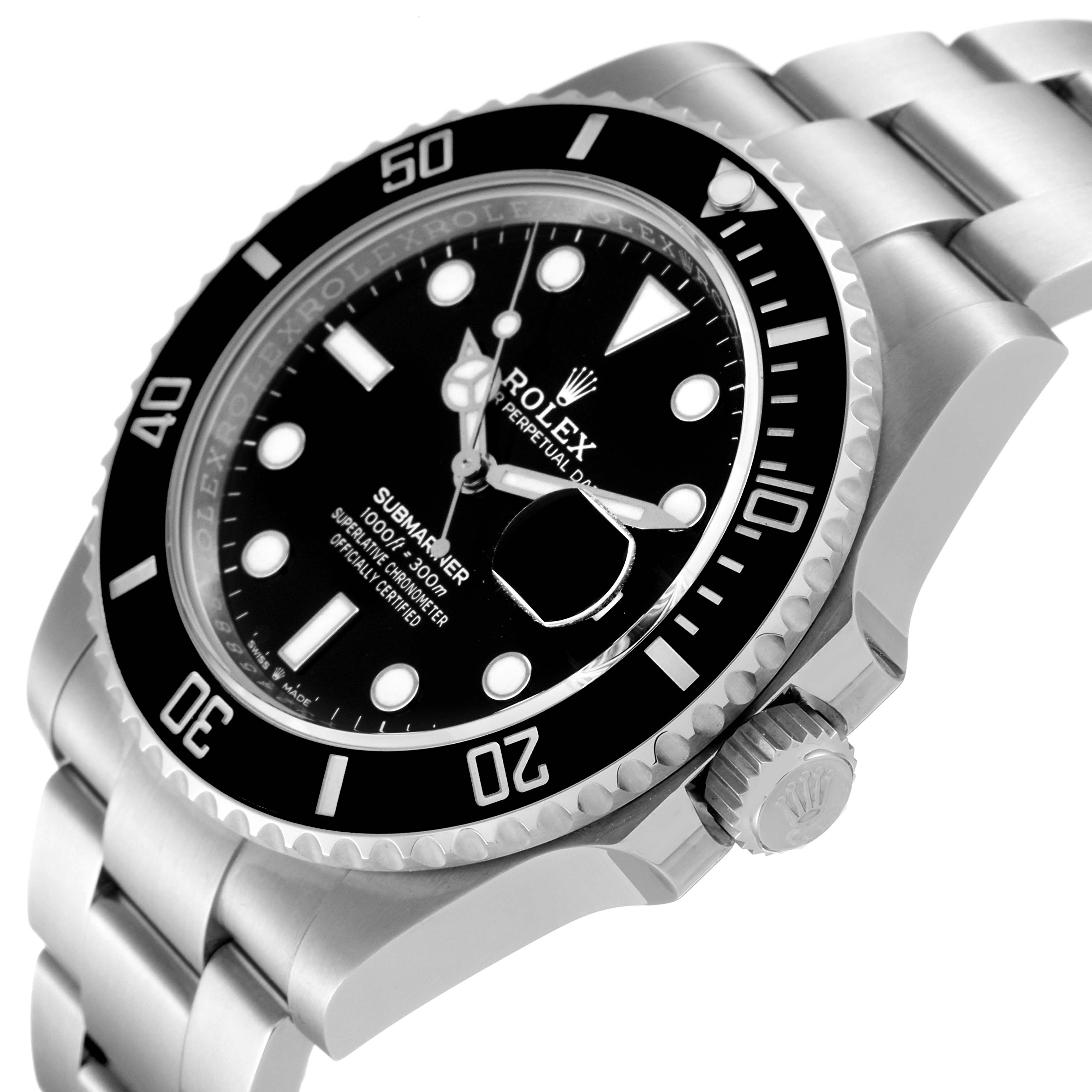 The image shows a close-up angle of a Rolex Submariner 126610 Men
s Stainless Steel Black Dial 126610 Men
s Stainless Steel Black Dial watch, highlighting the black bezel, dial, and the bracelet.
