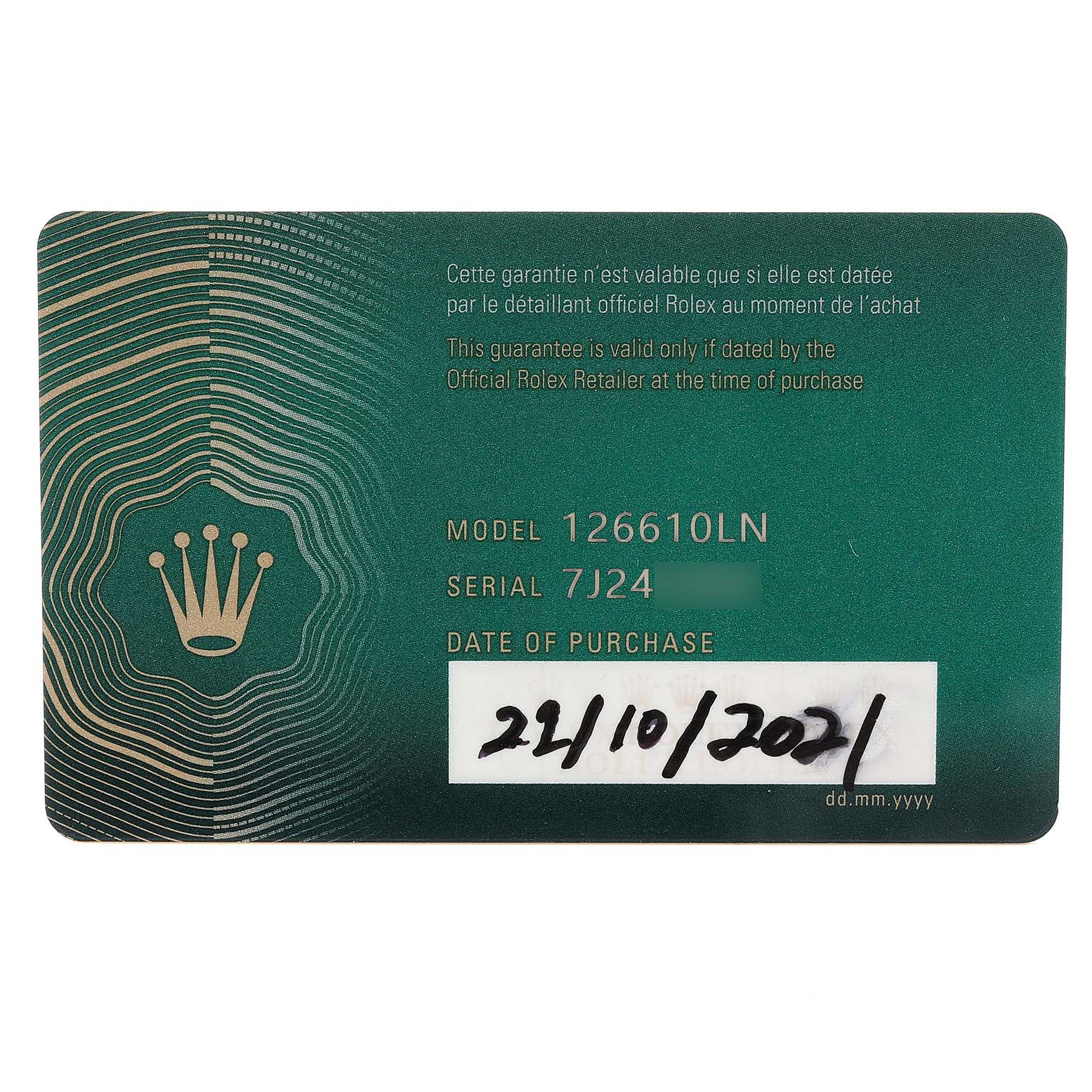 This is an image of a Rolex warranty card for the Submariner model 126610LN.