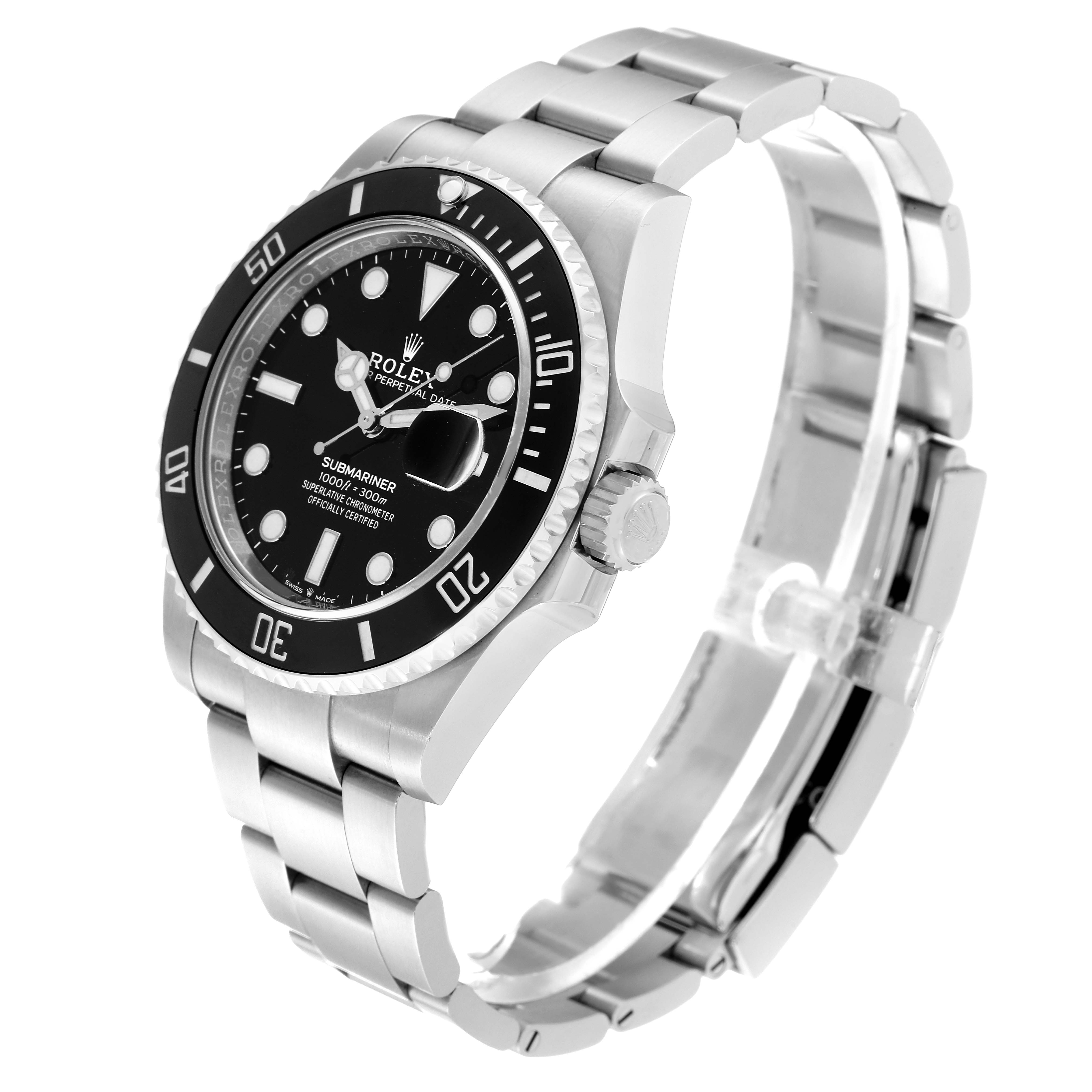 The Rolex Submariner 126610 Men's Stainless Steel Black Dial 126610 Men's Stainless Steel Black Dial watch is shown at a slight angle, highlighting the face, bezel, crown, and stainless steel bracelet.