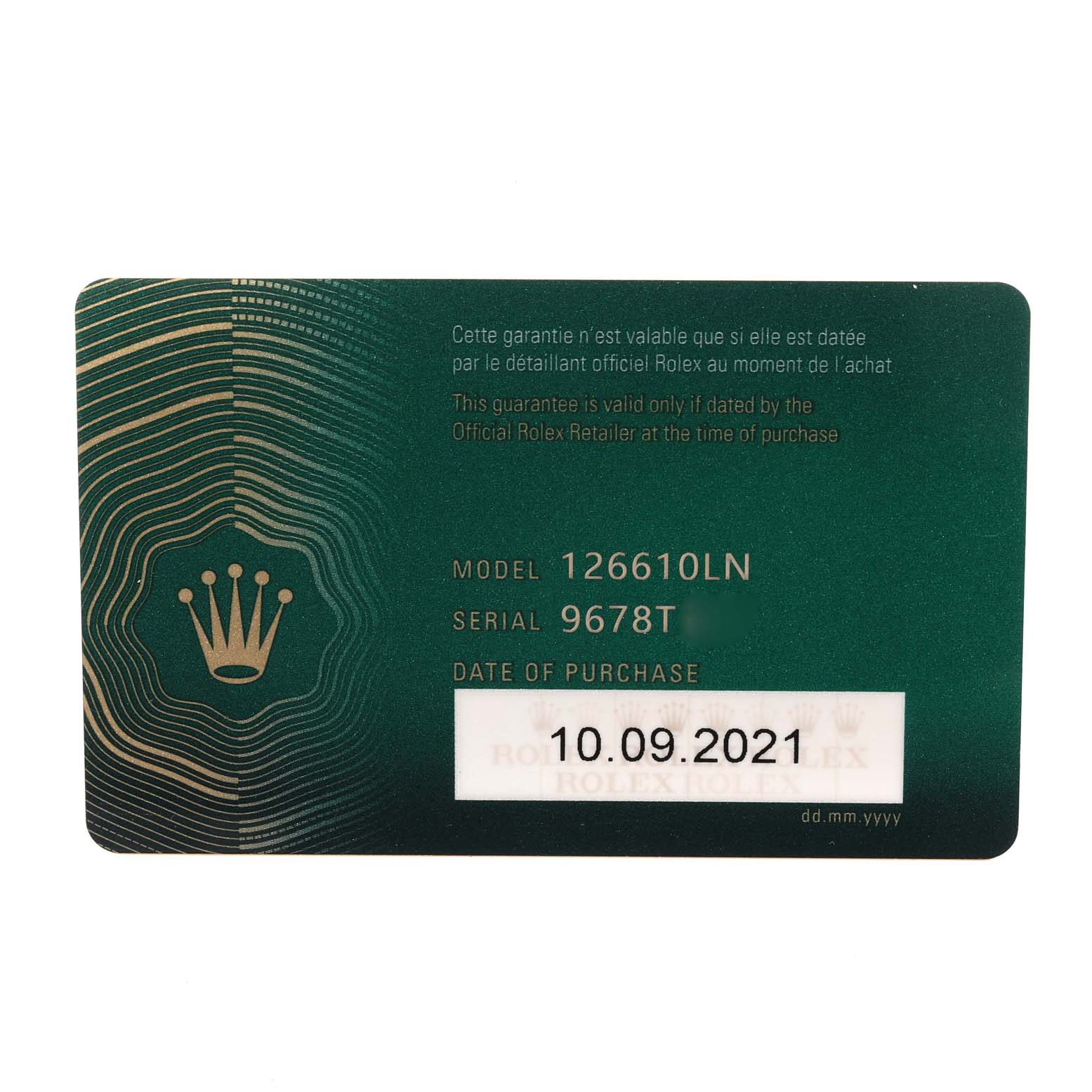 This image shows a guarantee card for the Rolex Submariner 126610 Men's Stainless Steel Black Dial 126610 Men's Stainless Steel Black Dial model 126610LN.