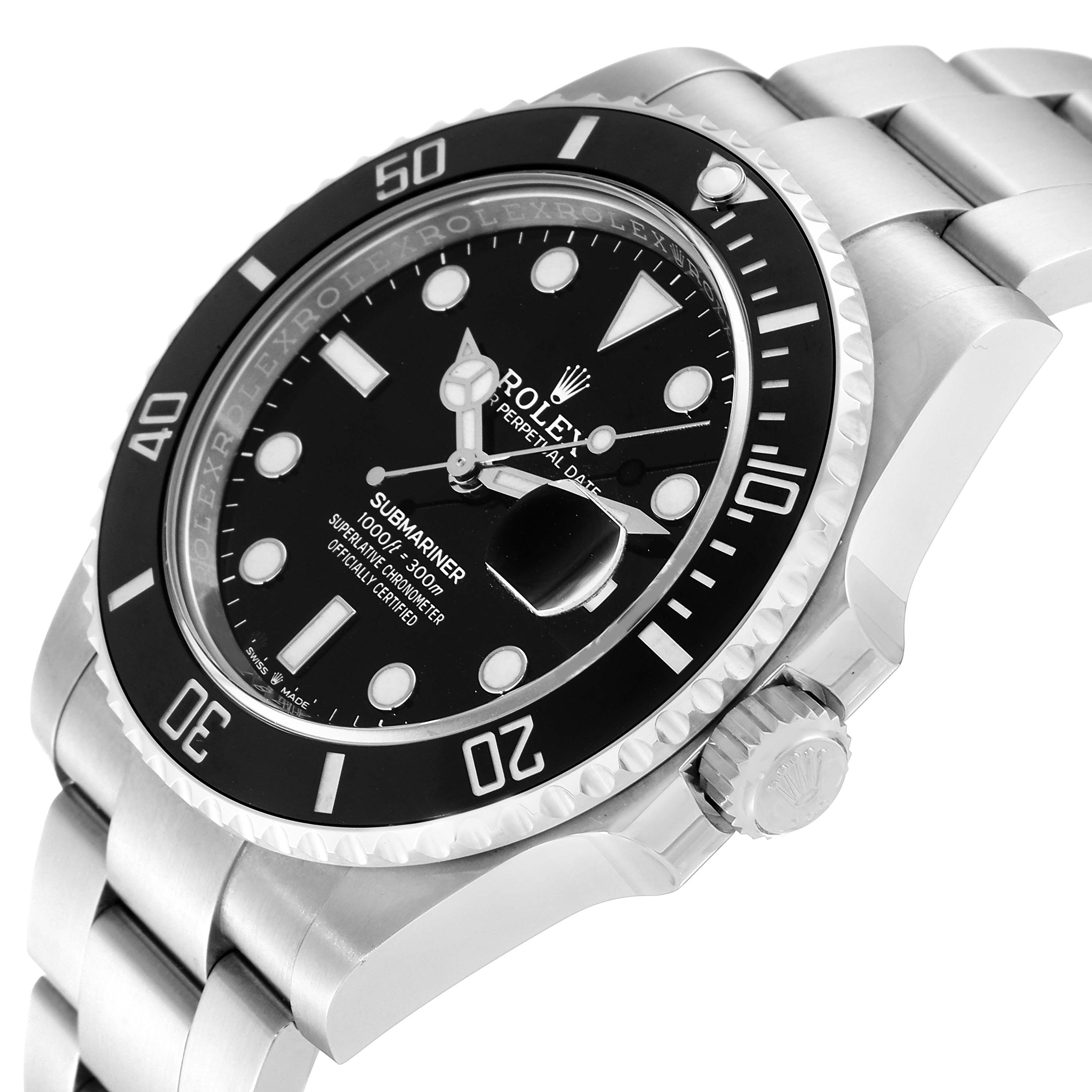 The image shows a close-up angled view of the Rolex Submariner 126610 Men's Stainless Steel Black Dial 126610 Men's Stainless Steel Black Dial, highlighting the bezel, dial, and bracelet.