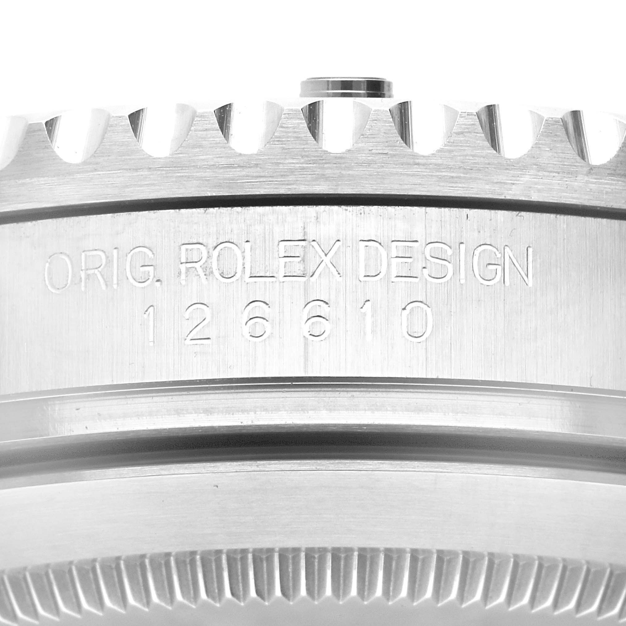 This image shows a close-up of the engraved case side of a Rolex Submariner 126610 Men's Stainless Steel Black Dial 126610 Men's Stainless Steel Black Dial with the model number 126610.