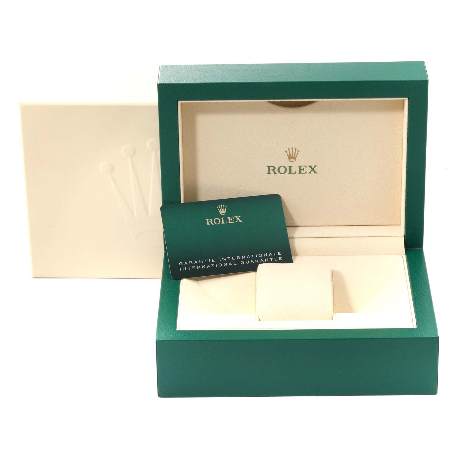 This image shows an open green and beige Rolex Submariner 126610 Men's Stainless Steel Black Dial 126610 Men's Stainless Steel Black Dial watch box with an international guarantee card.