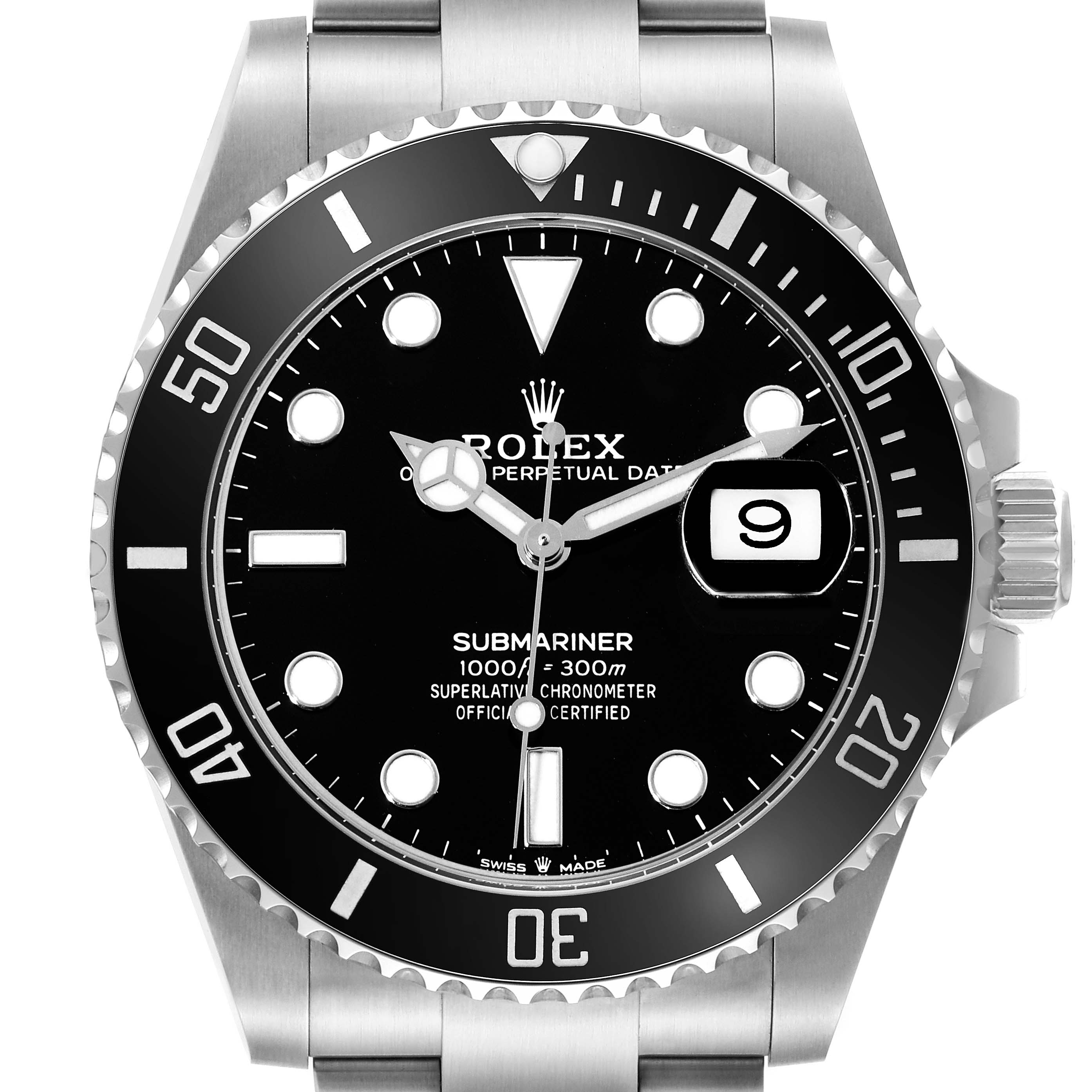 The image shows a front view of a Rolex Submariner 126610 Men's Stainless Steel Black Dial 126610 Men's Stainless Steel Black Dial watch, displaying its dial, bezel, and bracelet.