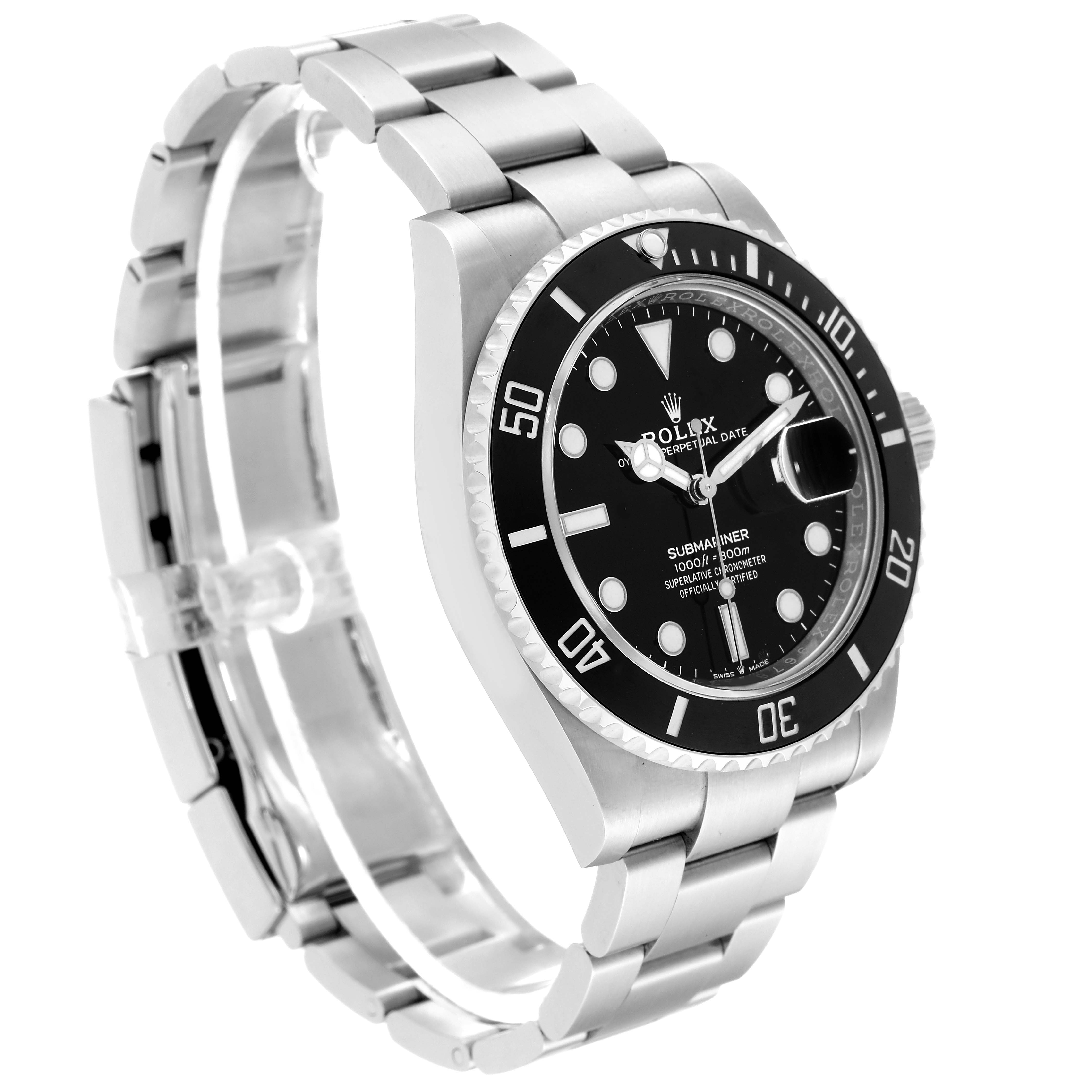 The image shows a Rolex Submariner 126610 Men's Stainless Steel Black Dial 126610 Men's Stainless Steel Black Dial watch at a three-quarter angle, displaying its dial, bezel, and bracelet.