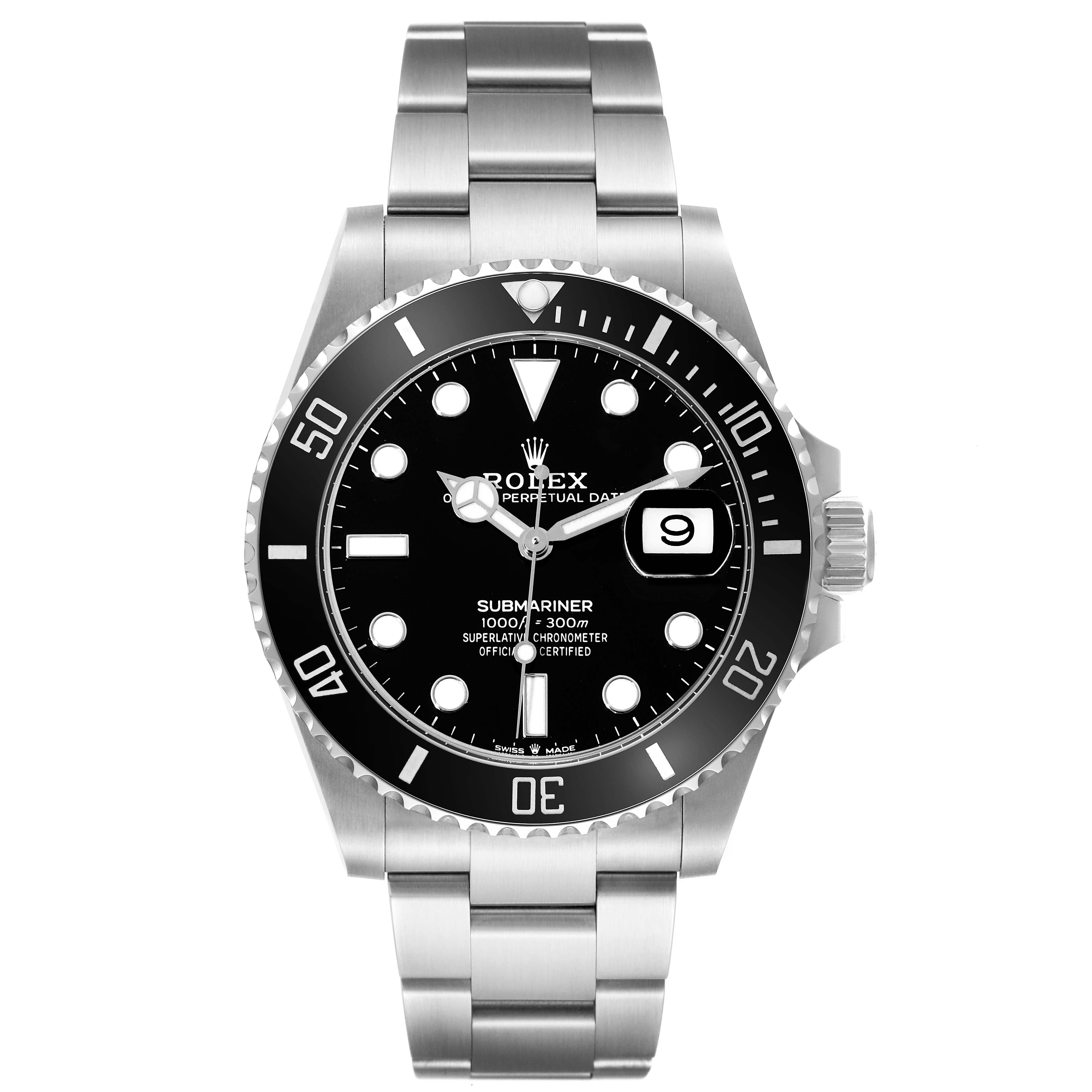 The Rolex Submariner 126610 Men's Stainless Steel Black Dial 126610 Men's Stainless Steel Black Dial watch is shown from a straight-on angle, displaying the dial, bezel, and bracelet.