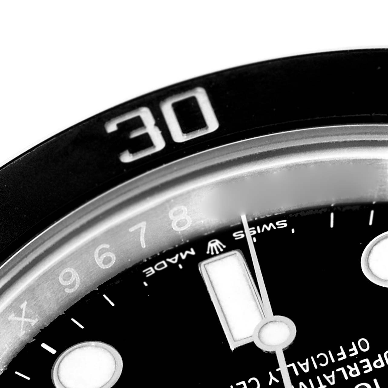 Close-up view of the dial and bezel of a Rolex Submariner 126610 Men's Stainless Steel Black Dial 126610 Men's Stainless Steel Black Dial watch, focusing on the "30" minute marker.