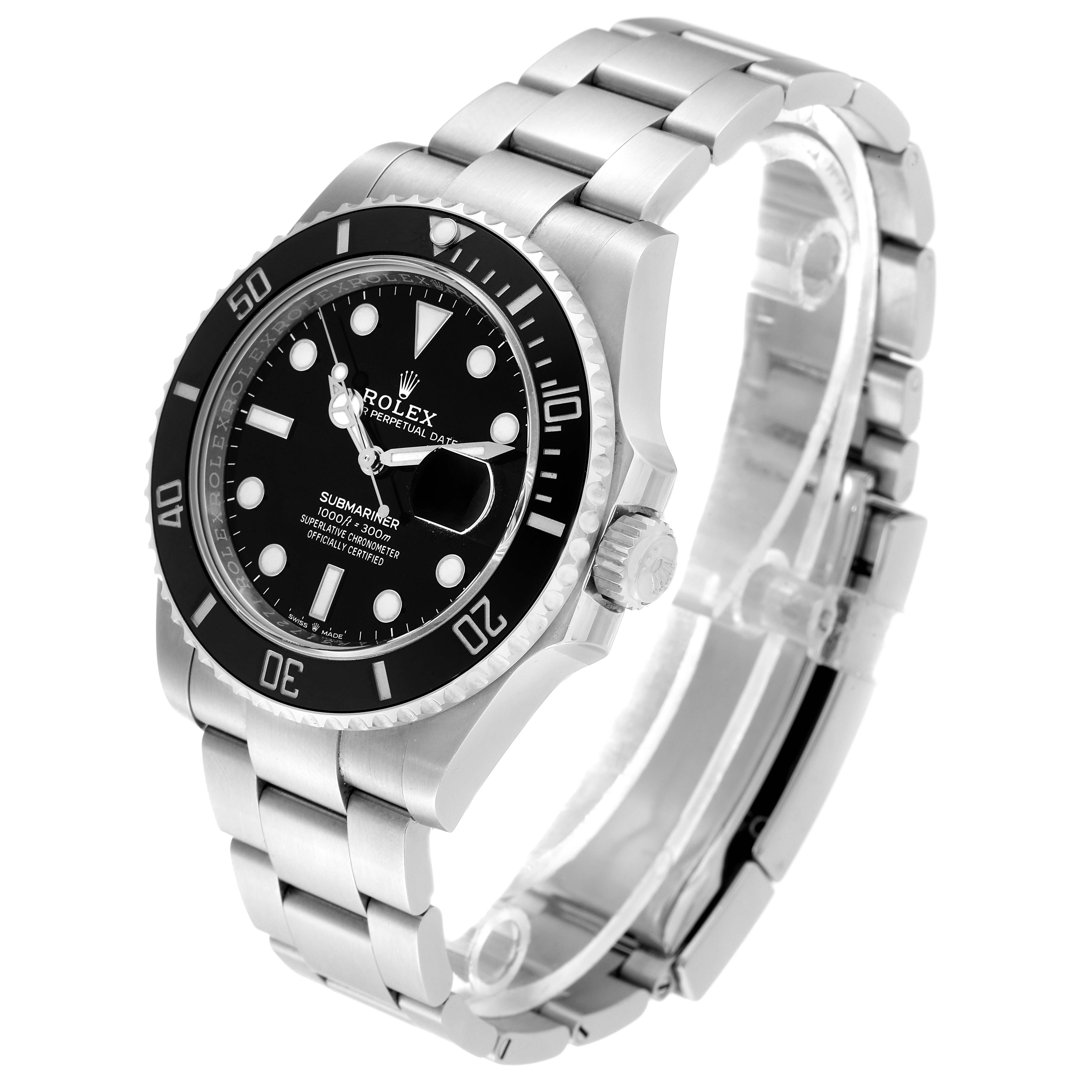 The image shows a Rolex Submariner 126610 Men
s Stainless Steel Black Dial 126610 Men
s Stainless Steel Black Dial watch at a slight side angle, displaying the dial, bezel, crown, and bracelet in full view.