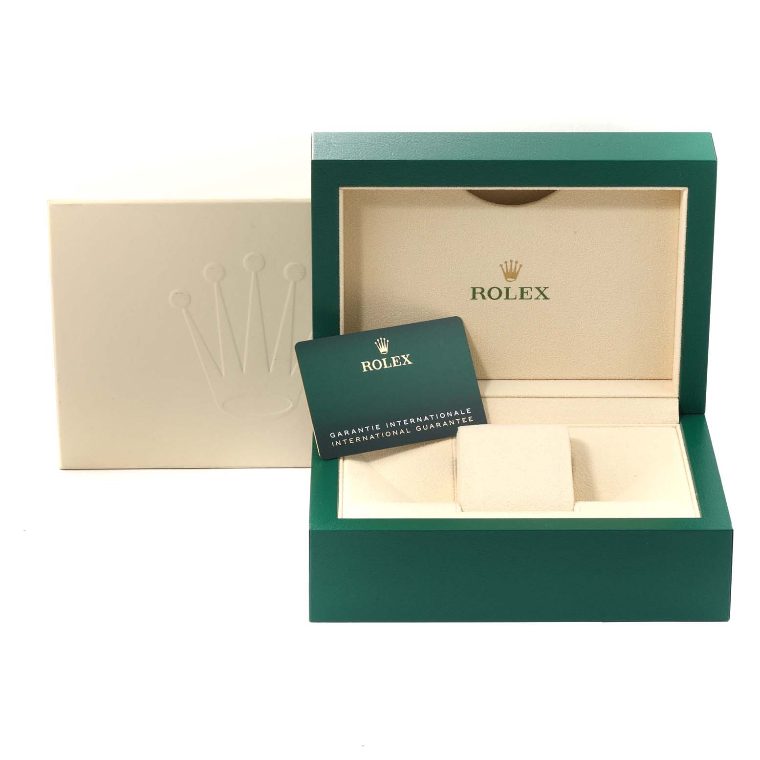 The image shows the packaging and guarantee card for a Rolex Submariner 126610 Men
s Stainless Steel Black Dial 126610 Men
s Stainless Steel Black Dial watch, with an open green box and beige interior.
