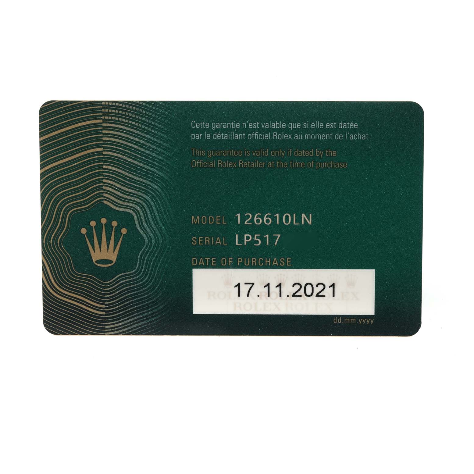 This image shows a warranty card for the Rolex Submariner 126610 Men
s Stainless Steel Black Dial 126610 Men
s Stainless Steel Black Dial model 126610LN with a purchase date of 17.11.2021.
