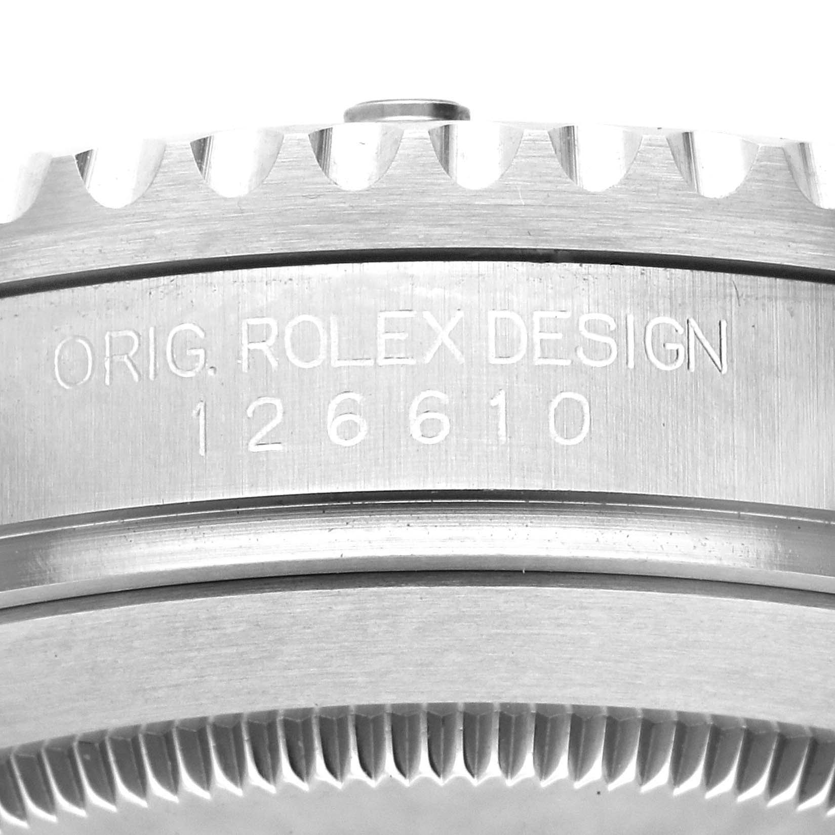 Close-up of the side engraving of the Rolex Submariner 126610 Men
s Stainless Steel Black Dial 126610 Men
s Stainless Steel Black Dial model 126610, showing the bezel and case details.